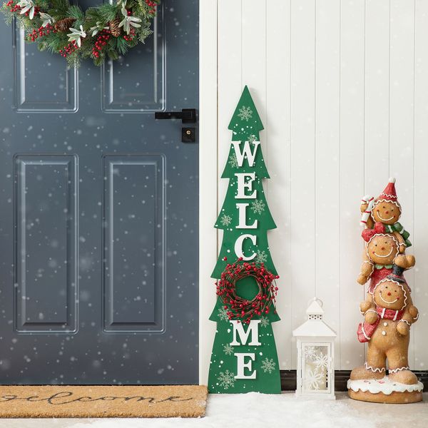 42""H Christmas Wooden ""WELCOME"" Christmas Tree Vertical Porch Sign with Berries Wreath