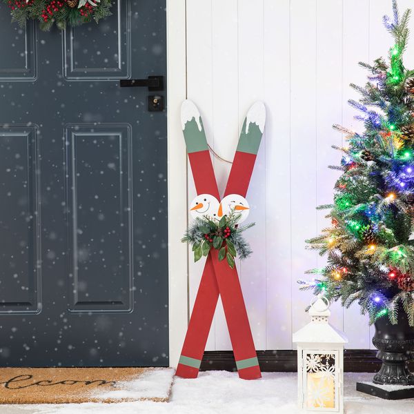 36H Wooden Christmas Ski Porch Decoration with Floral