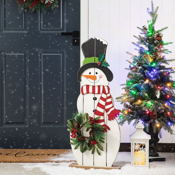 36""H Christmas Wooden/Metal Snowman Porch Decor with Floral Wreath