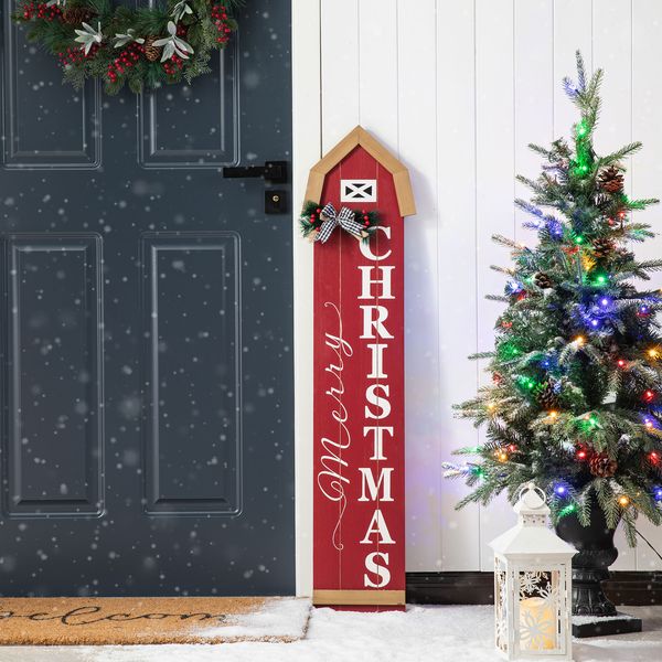 42""H Christmas Wooden""Merry Christmas"" House Shape Porch Decor Sign with Floral