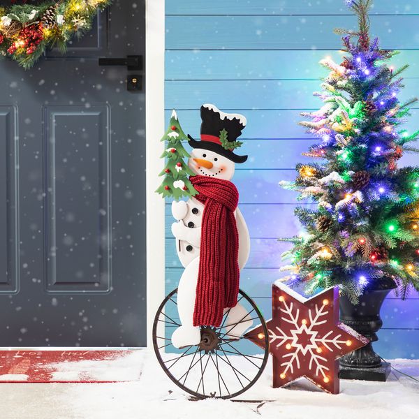 32H Metal Snowman Porch Dcor, Bike Wheel Cute Snowman with Red Scarf Hat