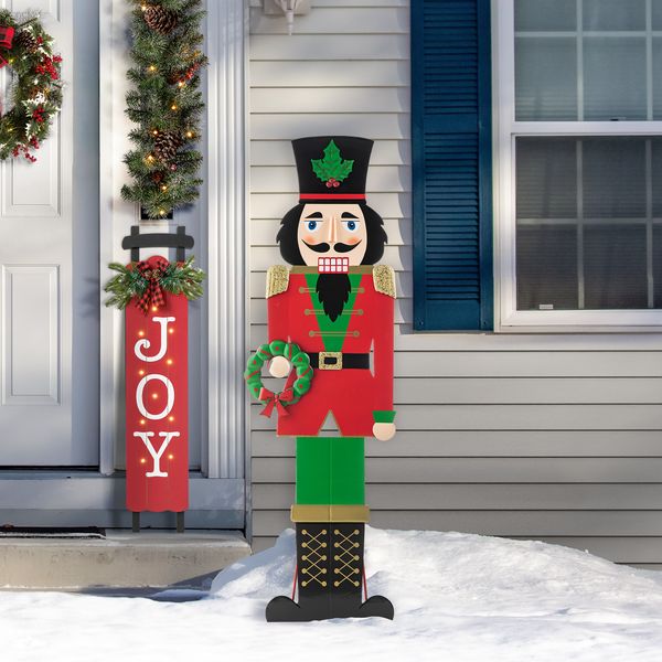 60H Metal Christmas Soldier Nutcracker Porch Decor with Wreath