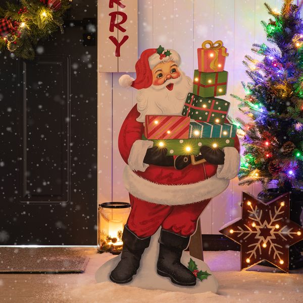 36""H Christmas Lighted Wooden Santa Gifts Porch Decor with Timer