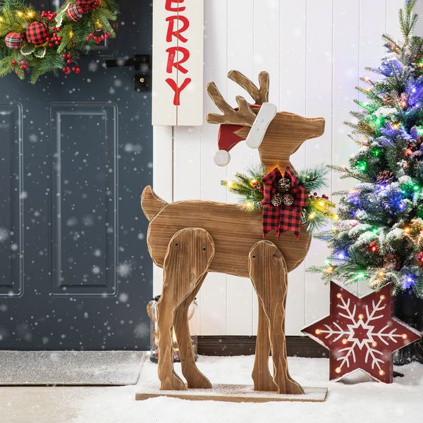 36""H Christmas Lighted Wooden Reindeer Porch Decor with Timer