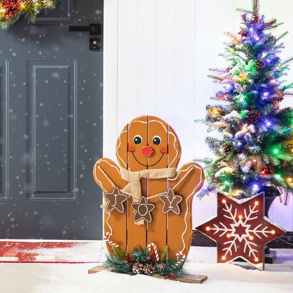 24H Wood Christmas Gingerbread Man Porch Decor Rustic Standing Porch Sign