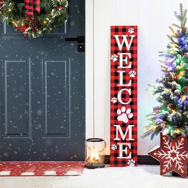 42""H Wooden Plaid Pet ""WELCOME"" Porch Decor Sign