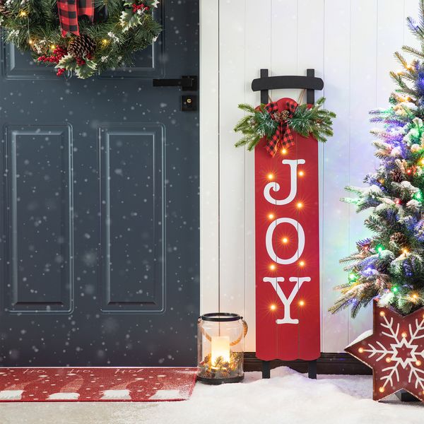 40.5""H Lighted Wooden Sleigh JOY Porch Sign with Timer