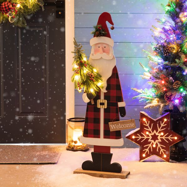 36""H Christmas Lighted Wooden Santa Porch Decor with Timer