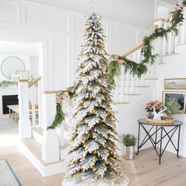 11ft Pre-Lit Flocked Pencil Spruce Artificial Christmas Tree with 700 Warm White Lights