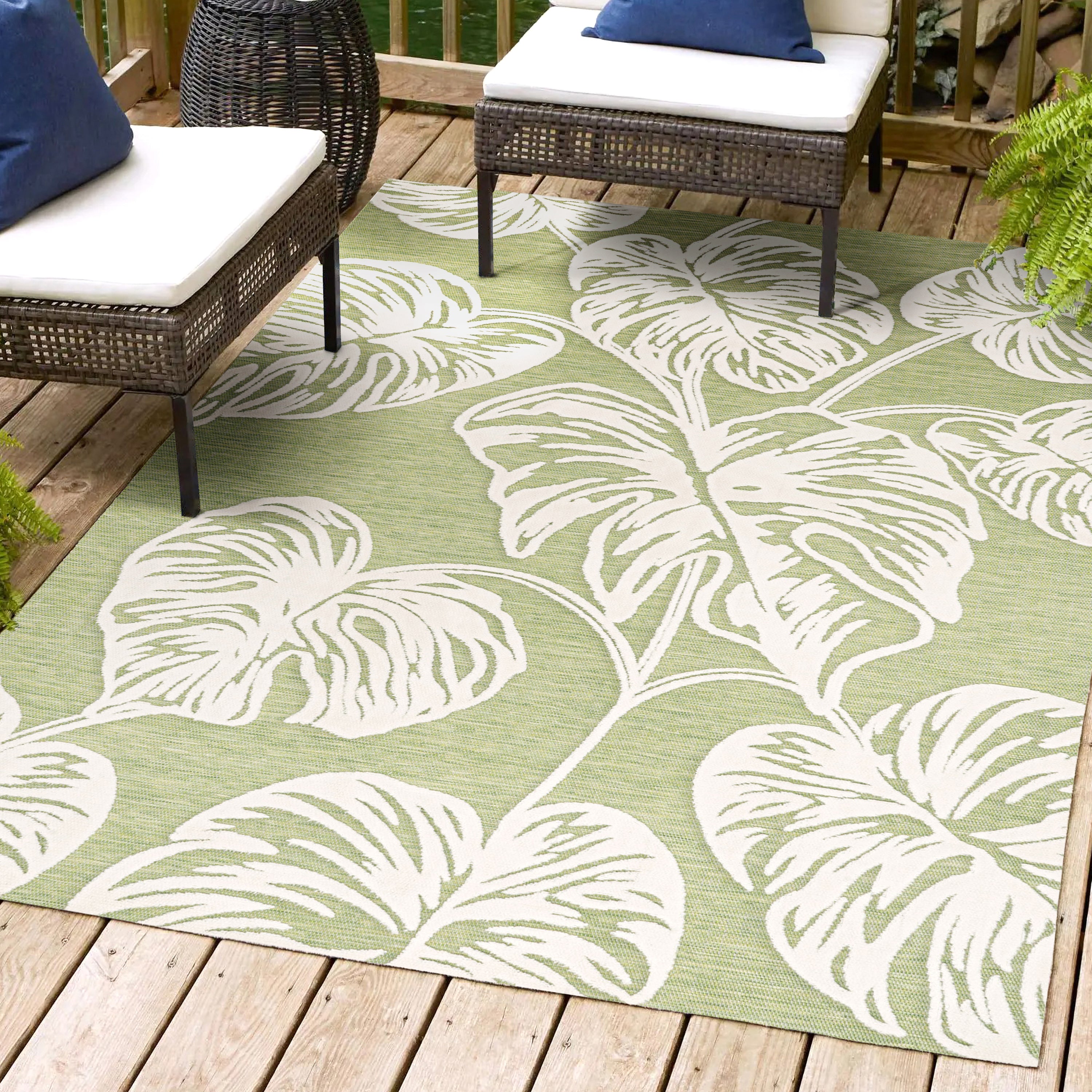 Tobago High-Low Two-Tone Monstera Leaf Indoor/Outdoor Area Rug