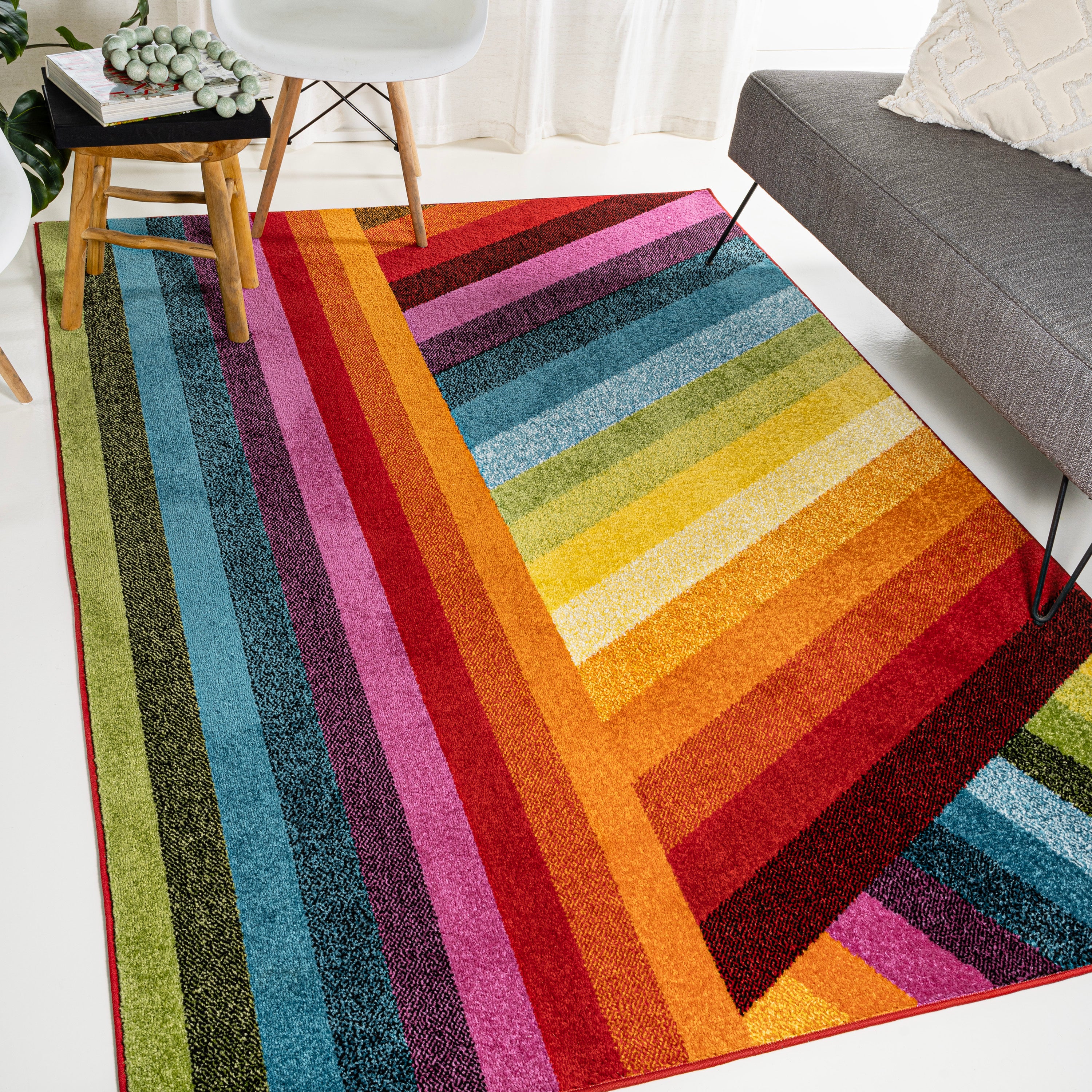 Retro Rainbow Contemporary Stripe Area Rug