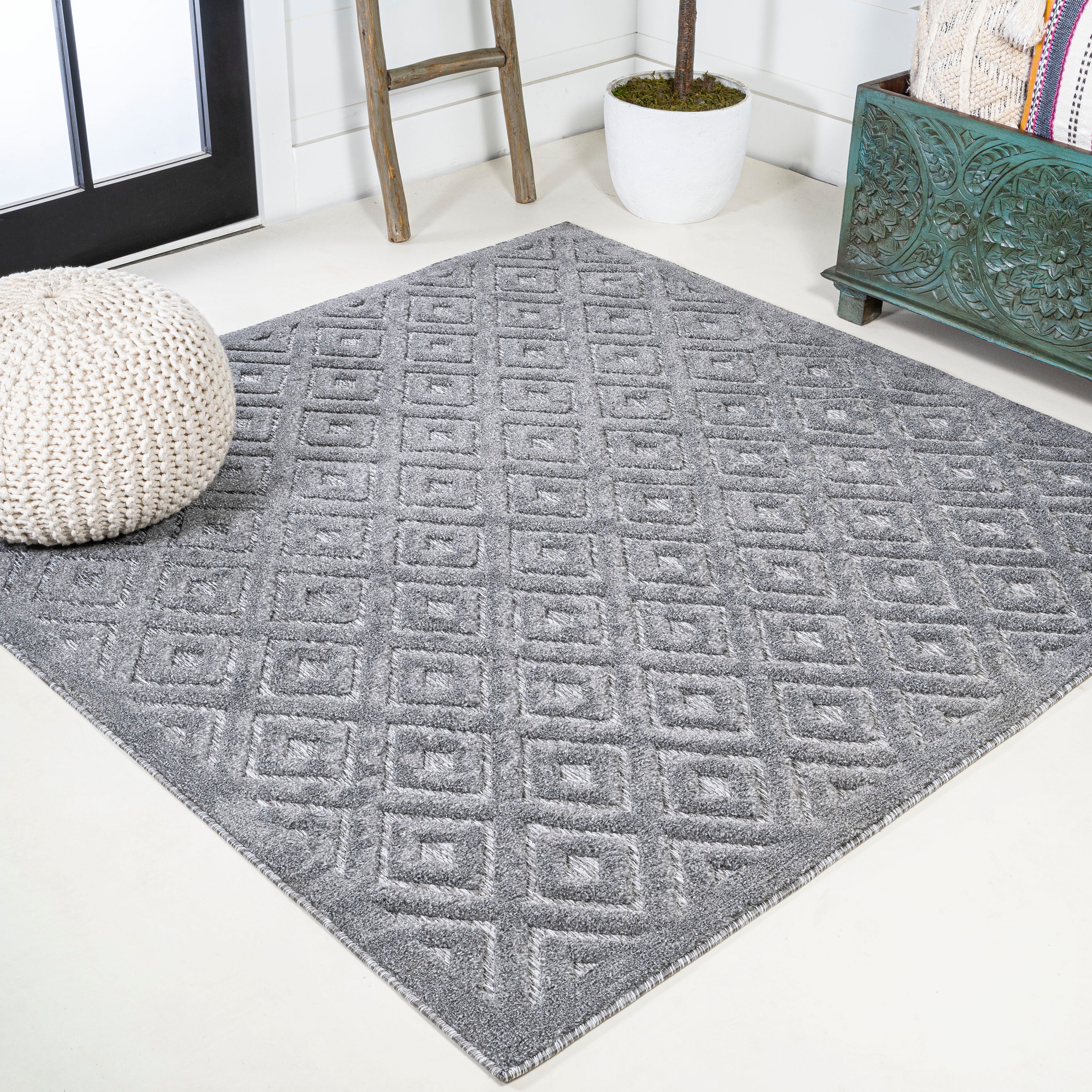 Portmany Neutral Diamond Trellis Square Indoor/Outdoor Area Rug