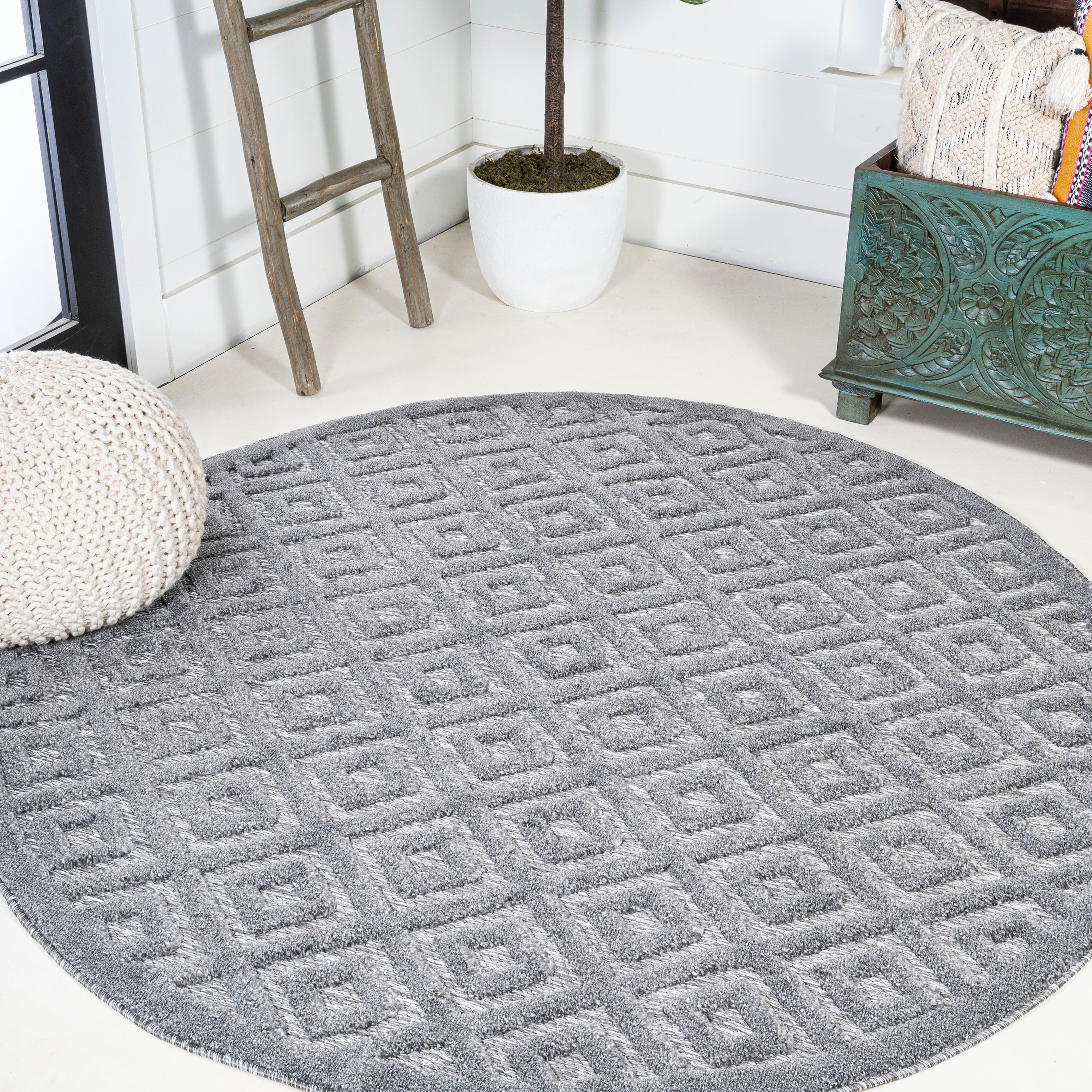 Portmany Neutral Diamond Trellis Round Indoor/Outdoor Area Rug