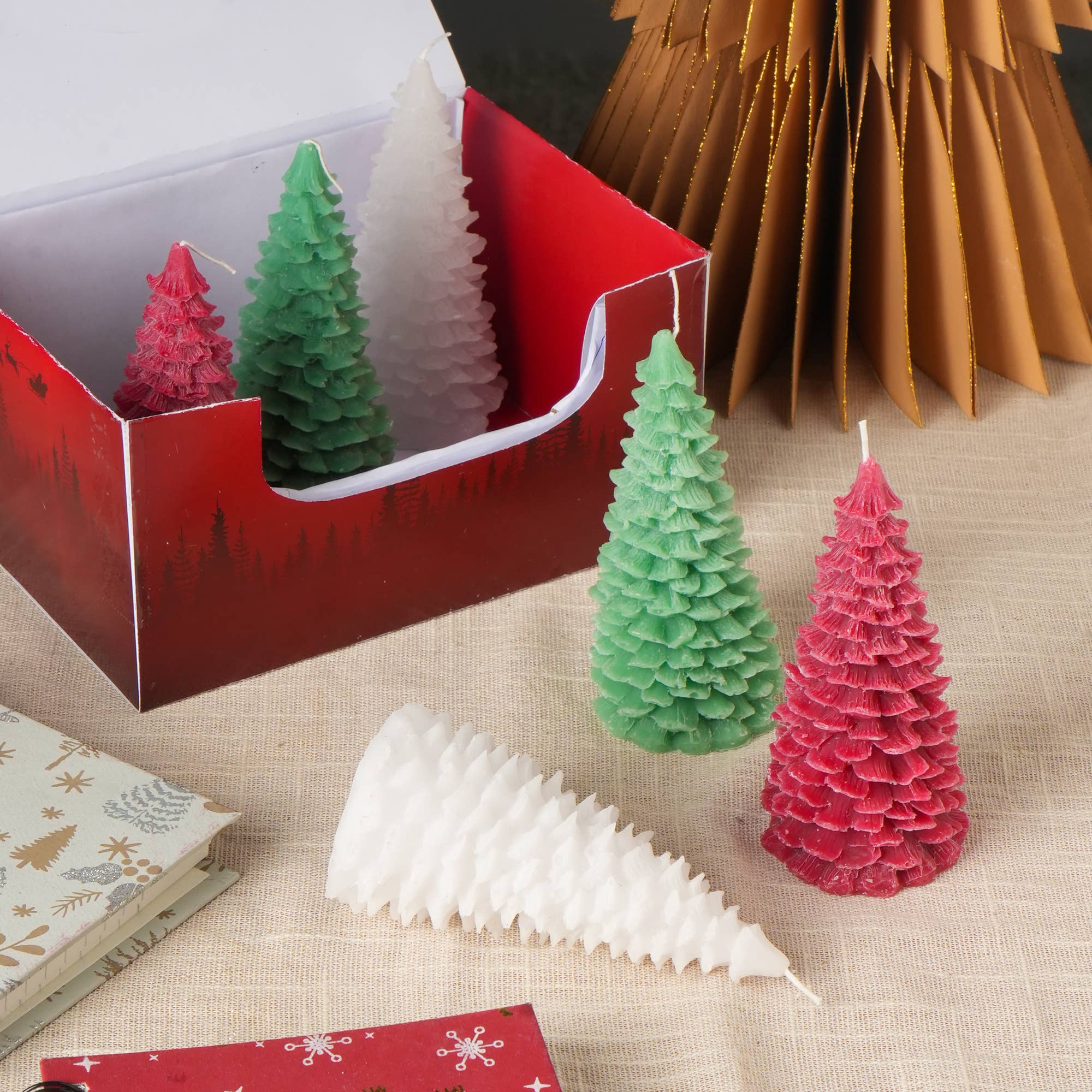 Christmas Tree  Candle Box Of 6 PcsGreen, Red & White