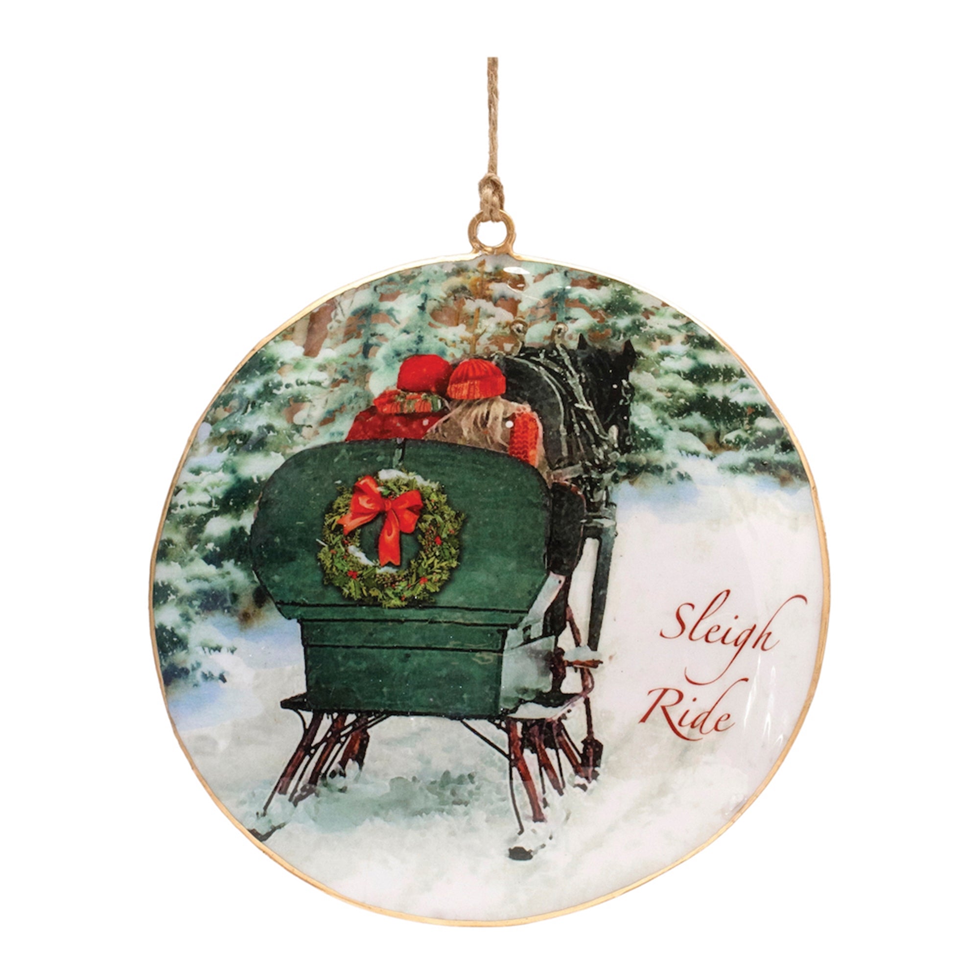 Metal Couple Sleigh Ride Disc Ornament (Set of 6)