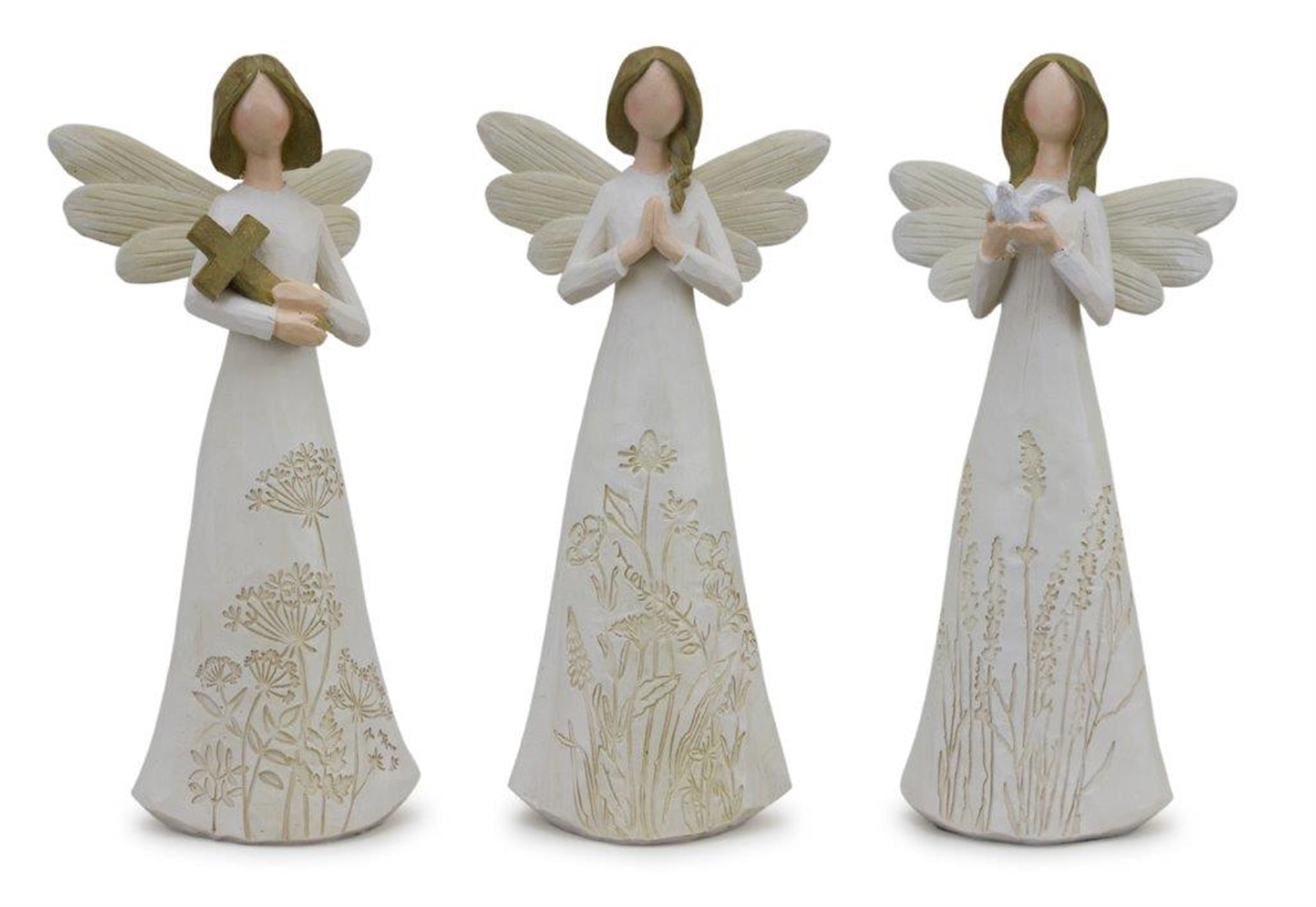 Beige Floral Etched Angel Figurine (Set of 3)