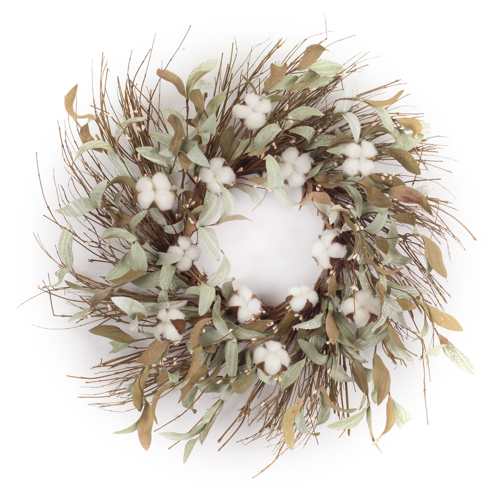 Cotton and Leaf Twig Wreath 28""D