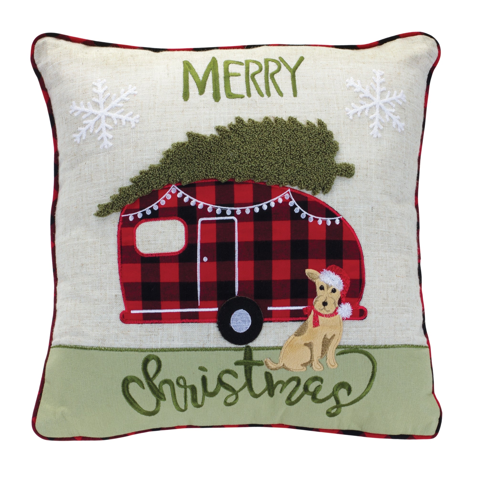 Embroidered Camper Christmas with Dog Throw Pillow 15""SQ