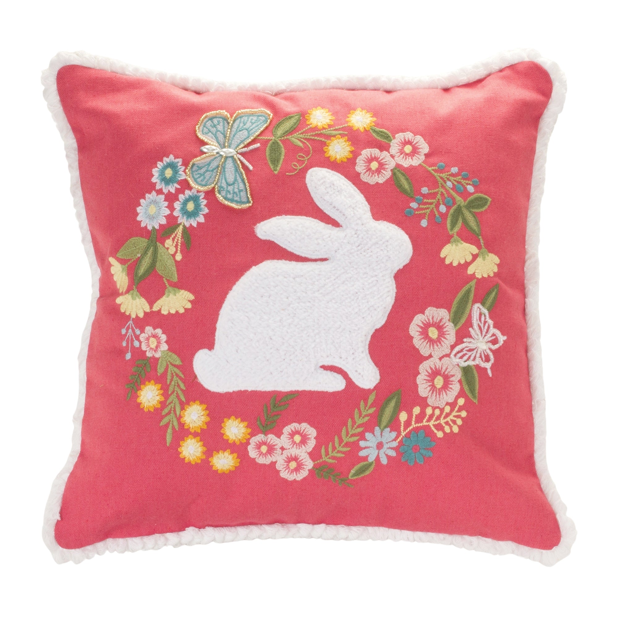 Embroidered Rabbit Floral Pillow 16""SQ