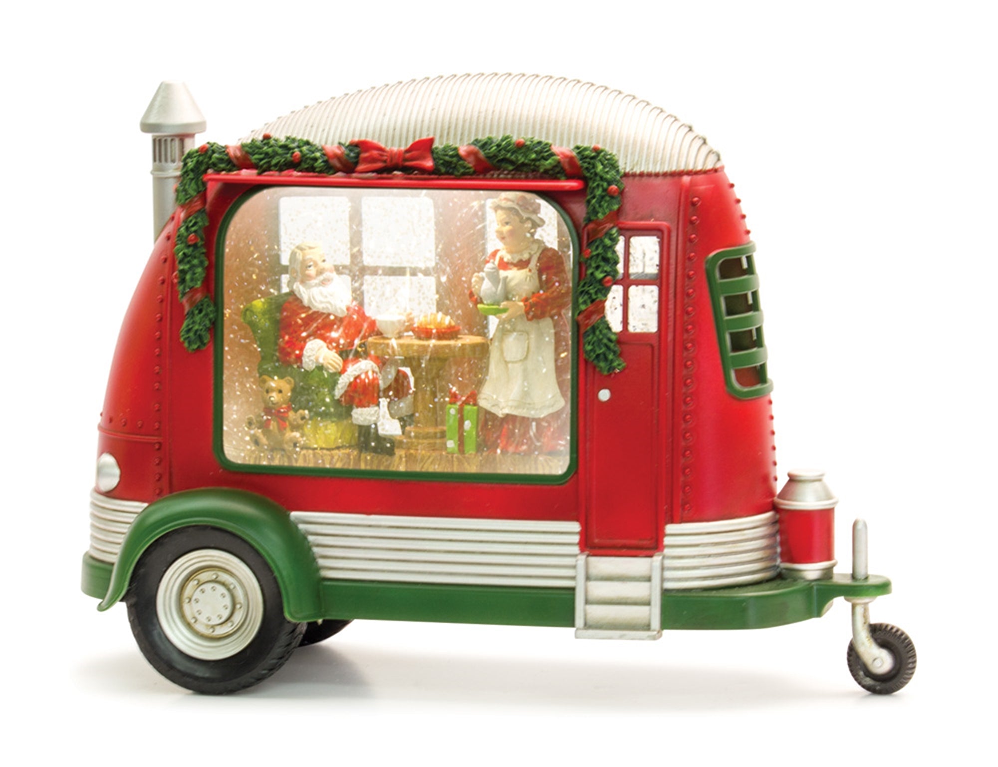 LED Snow Globe Camper with Santa and Mrs. Clause Scene 8""H