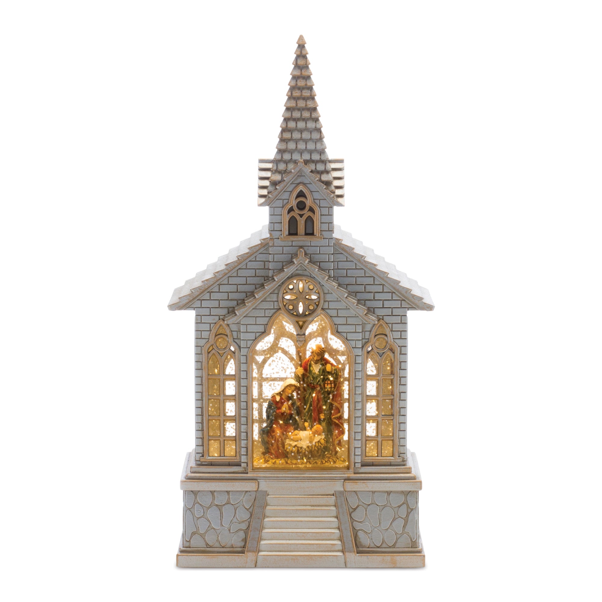 LED Snow Globe Church with Nativity 8.25""H