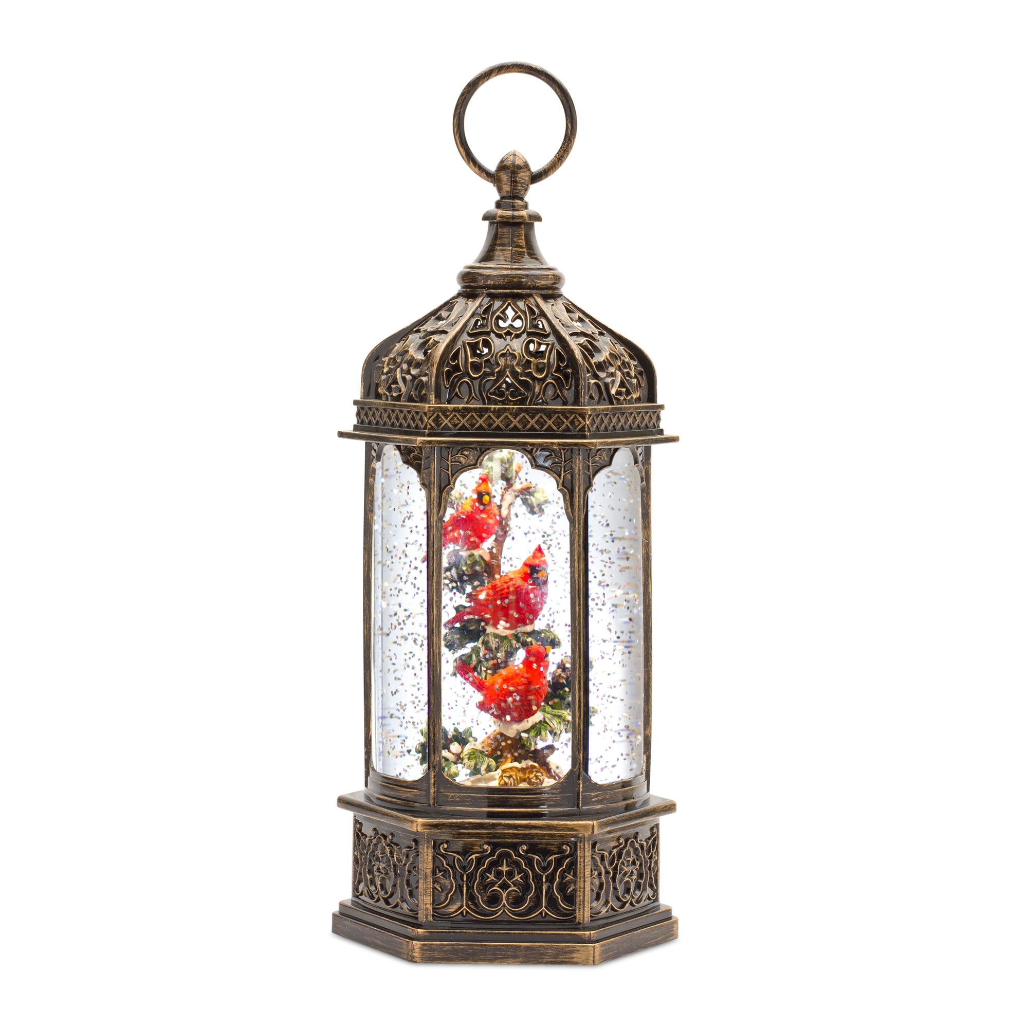 LED Snow Globe Lantern with Cardinal Bird Branch 13""H