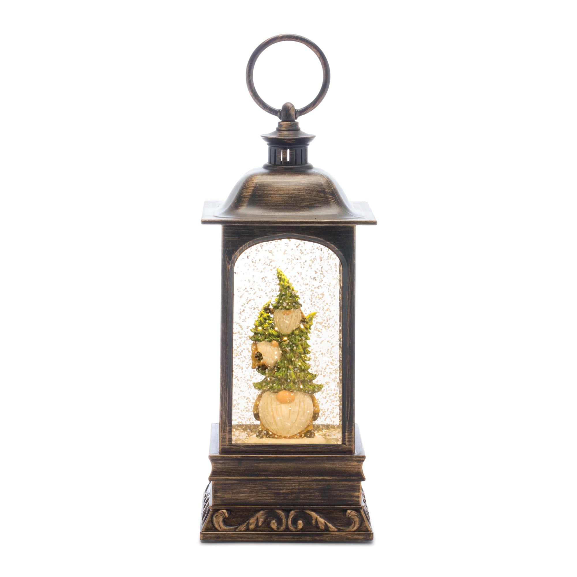 LED Snow Globe Lantern with Gnome Stack 9.75""H