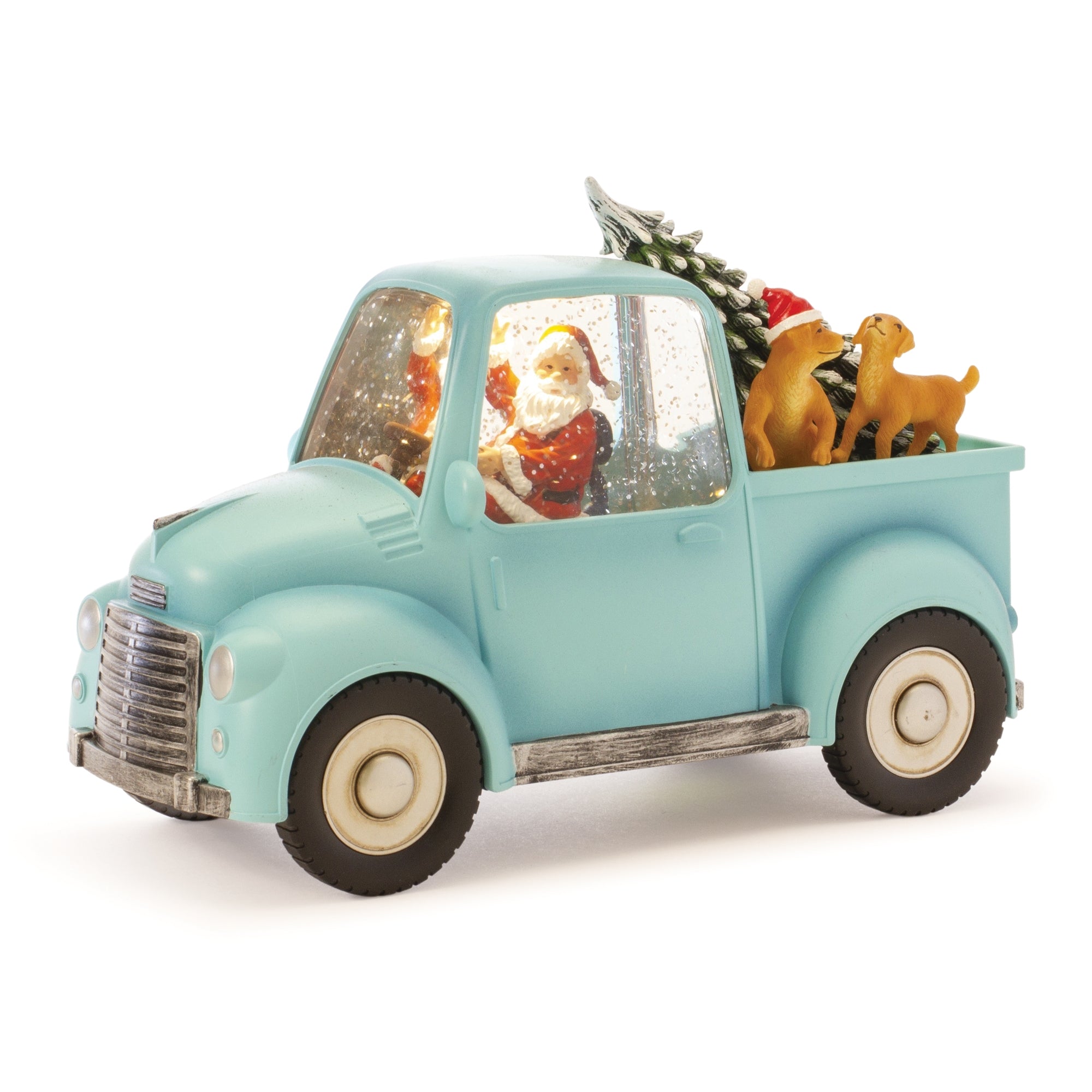 LED Snow Globe Truck with Santa and Dogs 8.75""H