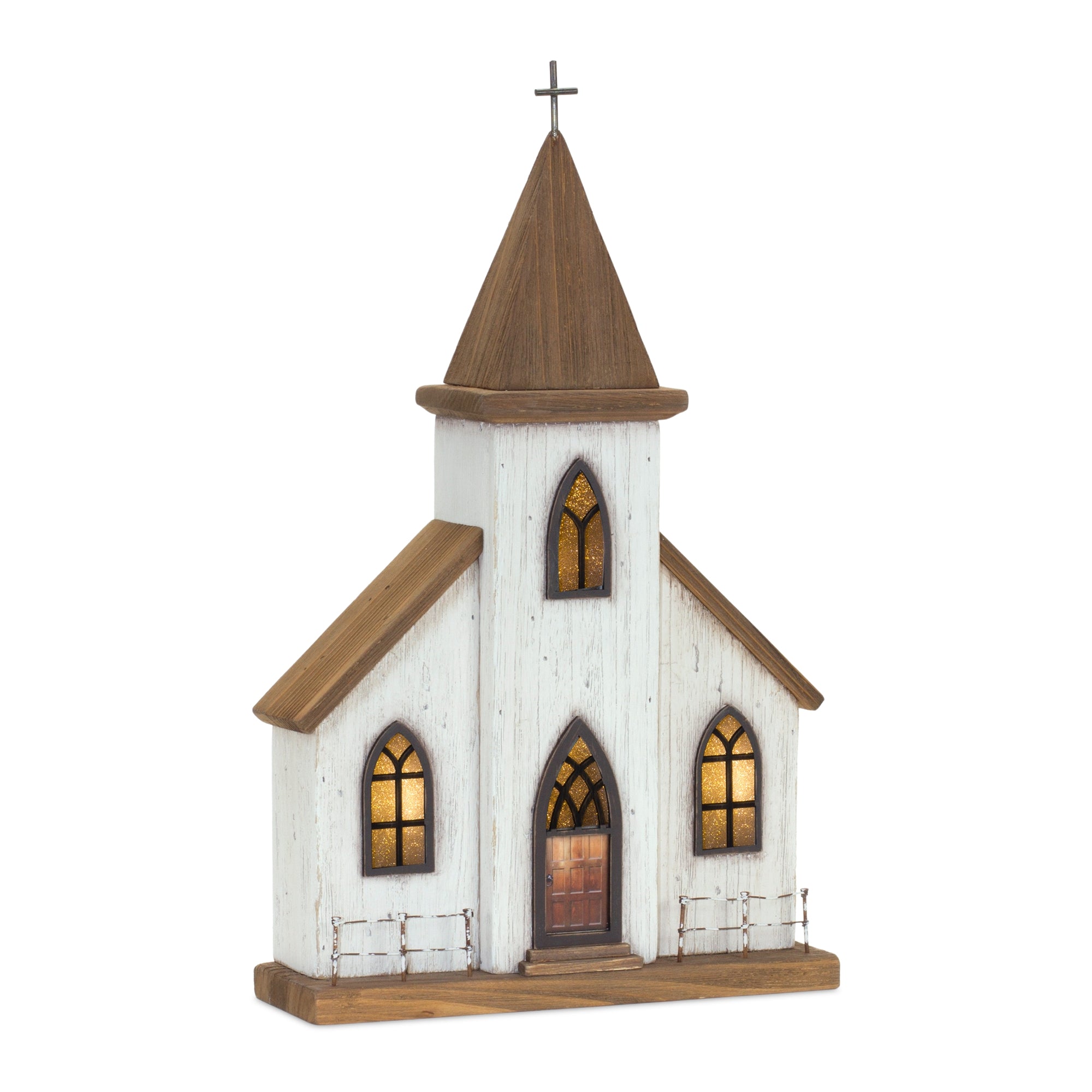 Lighted Natural Wooden Church Display with Rustic Metal Accents 17.5""H