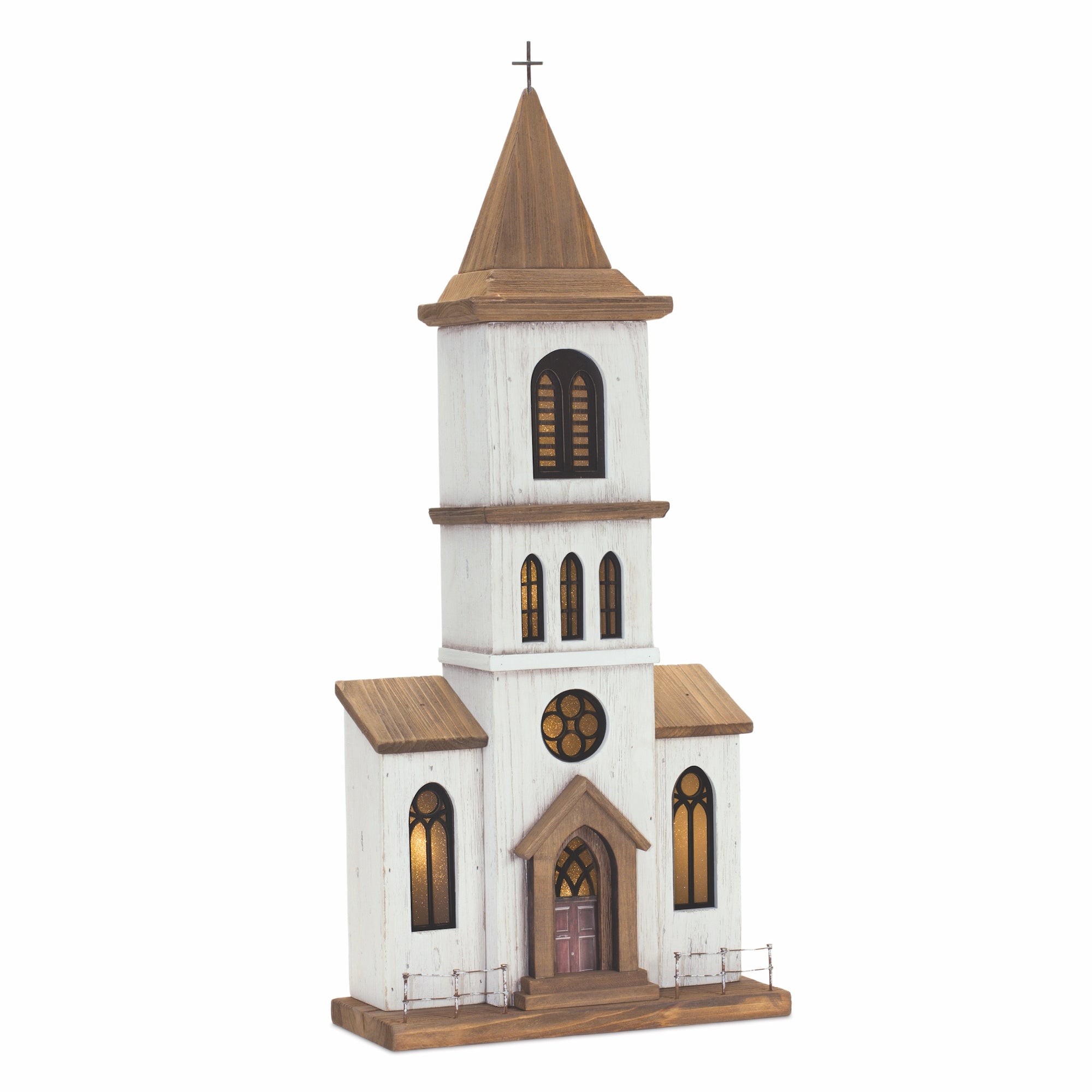 Lighted Natural Wooden Church Display with Rustic Metal Accents 25.25""H