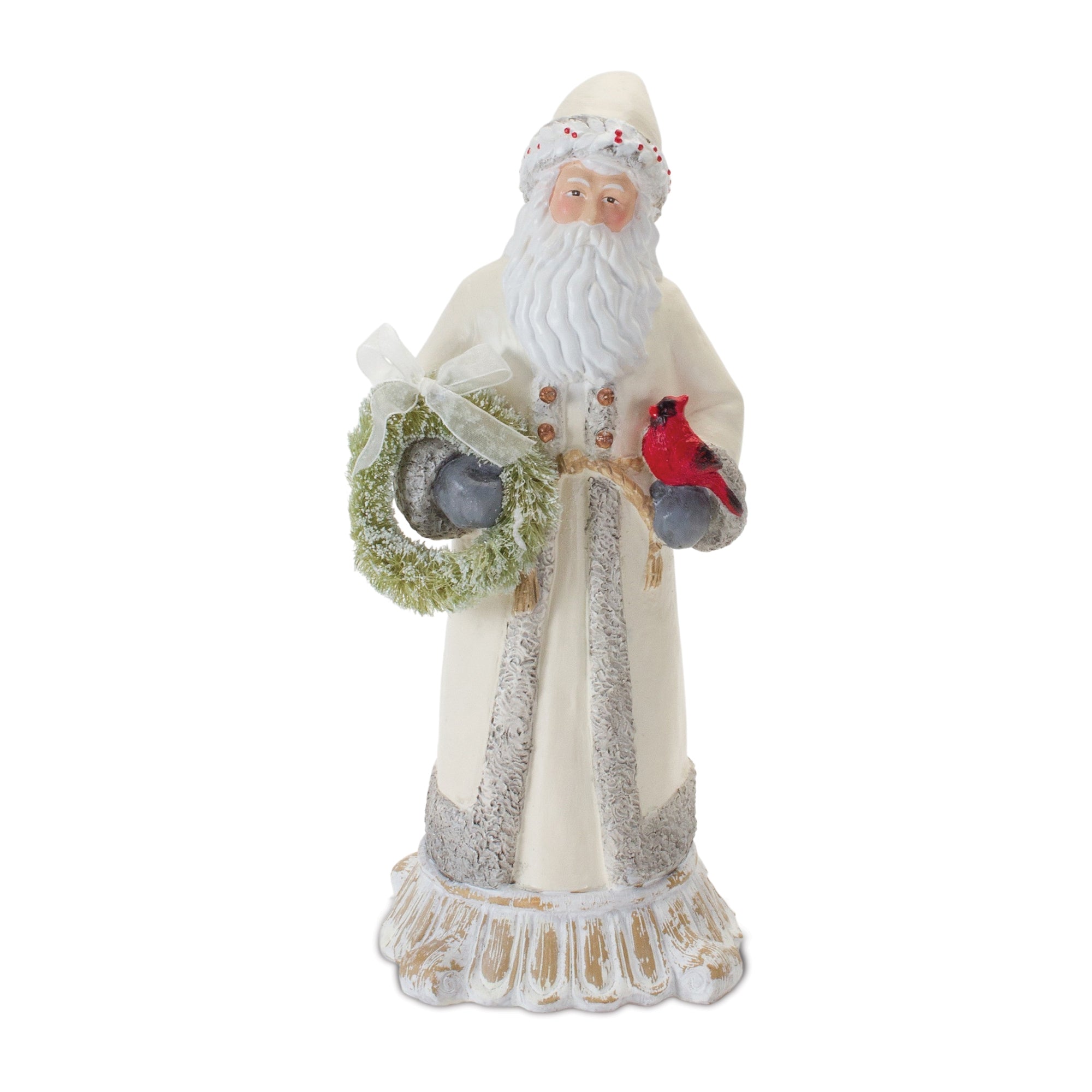 Santa Figurine with Cardinal and Wreath 12""H