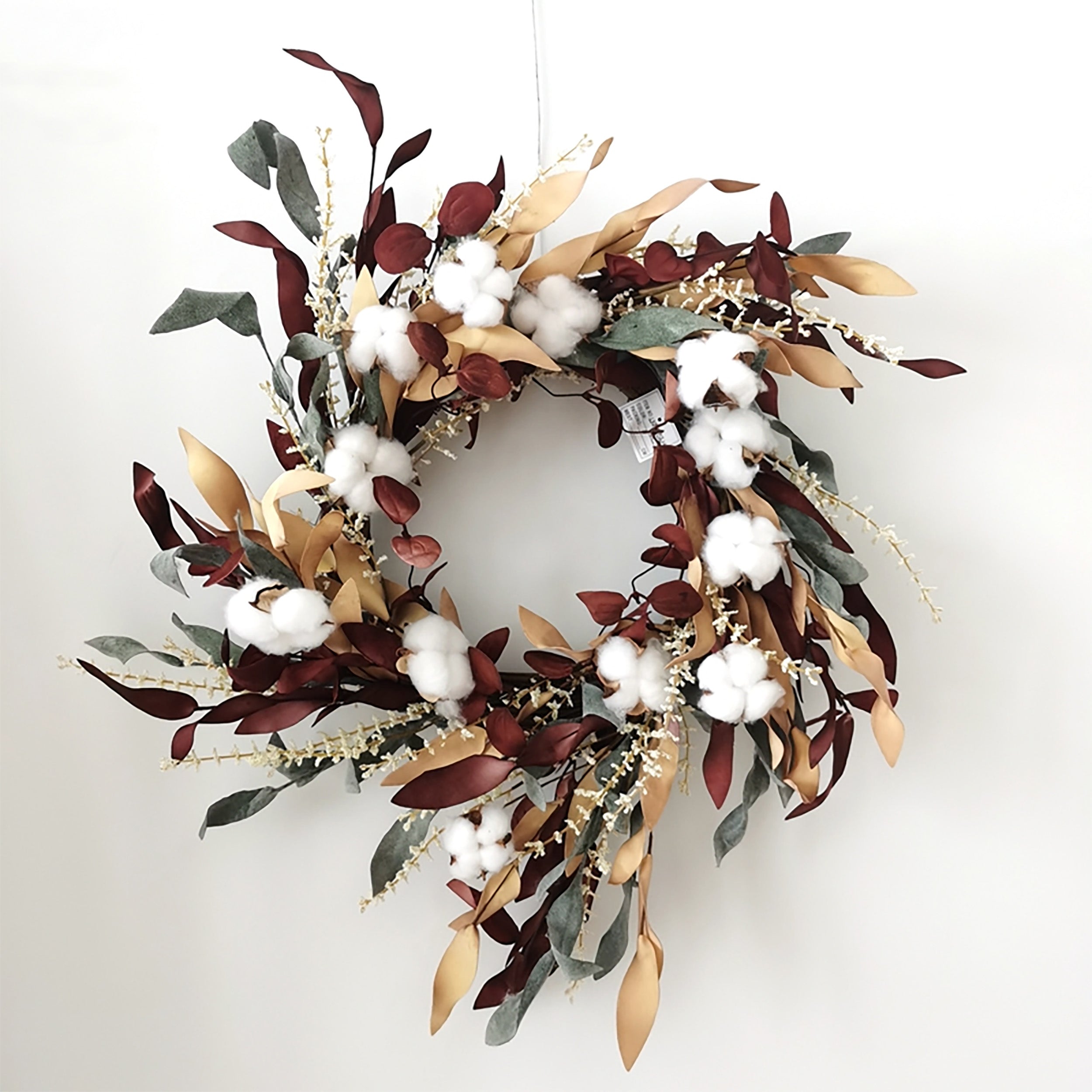 23"" Burgundy, Tan and Green Leafy Wreath with Cotton Accents