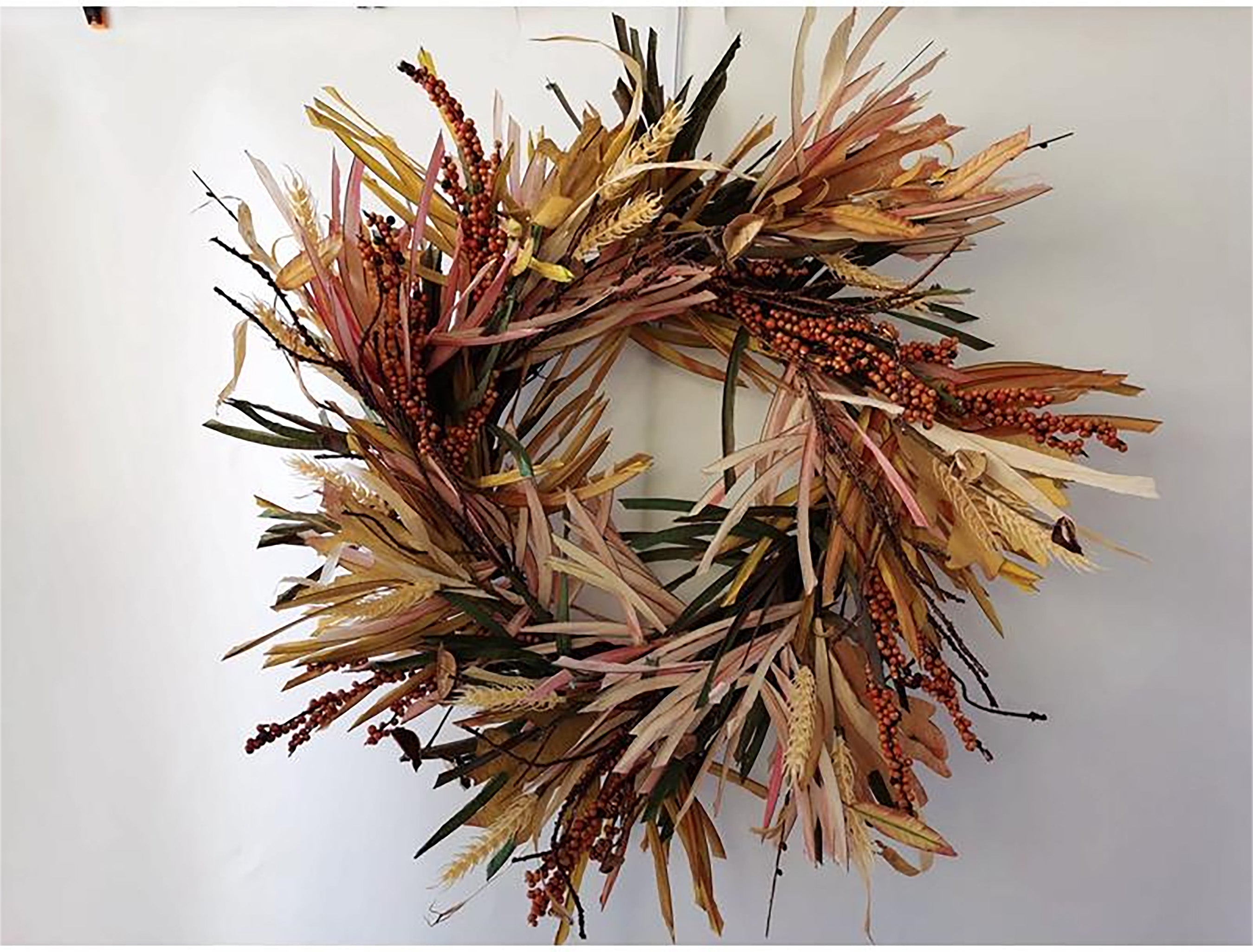 28"" Beige and Brown Leafy Wreath with Burgundy Berry Accents