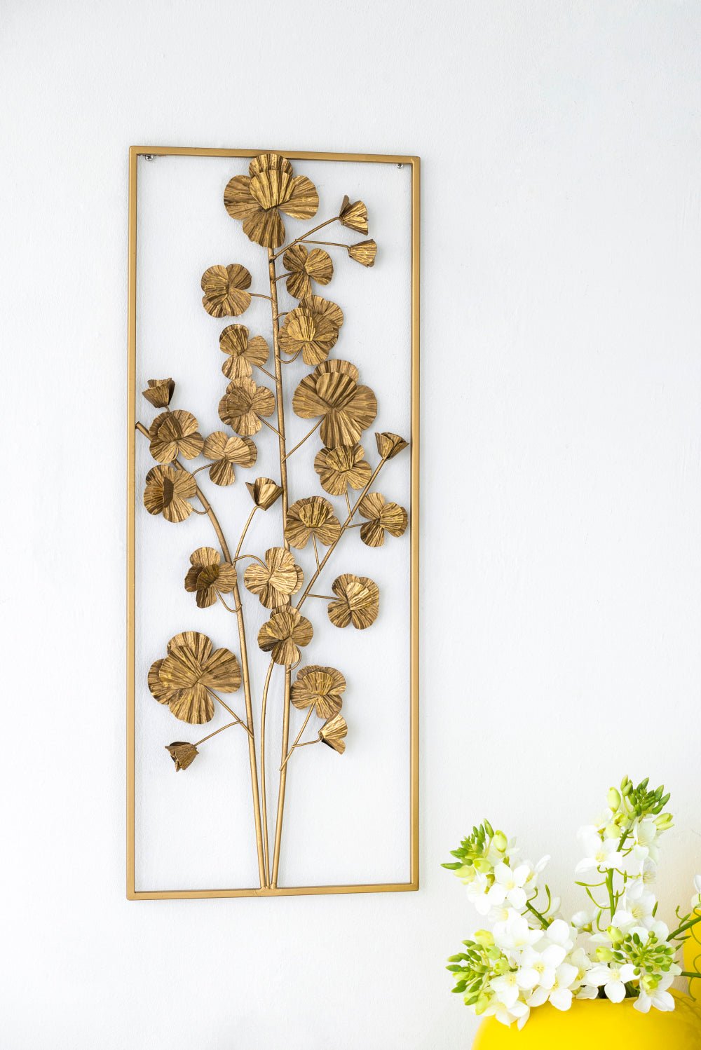 30 x 12 Metal Tree Wall Decor, Vertical Rectangular Flower Wall Accent, Gold