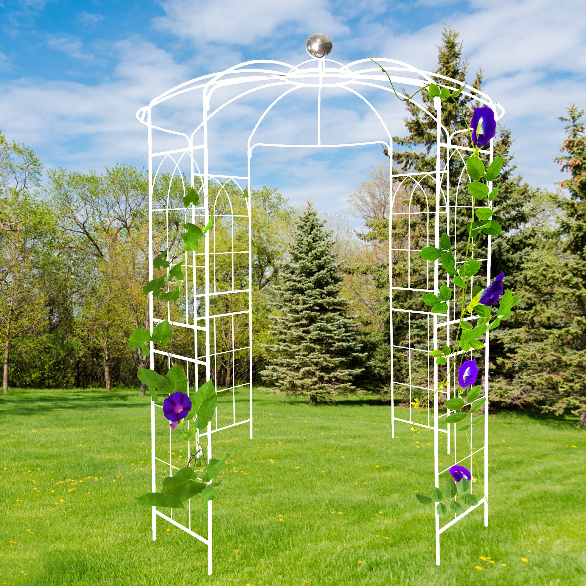 Metal Garden Arch Iron Garden Arbors Gazebo Dia 81.3'' x 114.2'' High Birdcage Shape Pergola Pavilion for Wedding Ceremony White