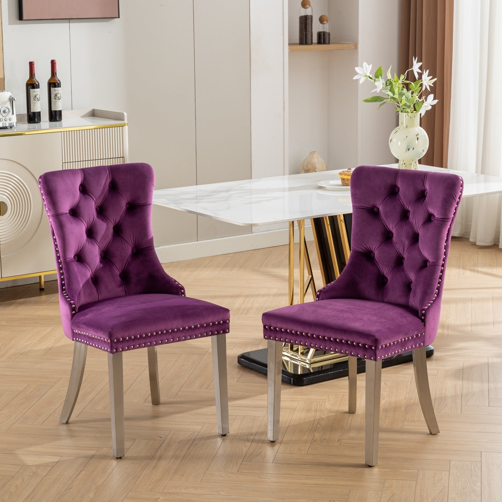 Nikki Collection Modern, High-end Tufted Solid Wood Contemporary Velvet Upholstered Dining Chair with Chrome Stainless Steel Plating Legs,Nailhead Trim,Set of 2,Purple and Chrome, SW1701PP