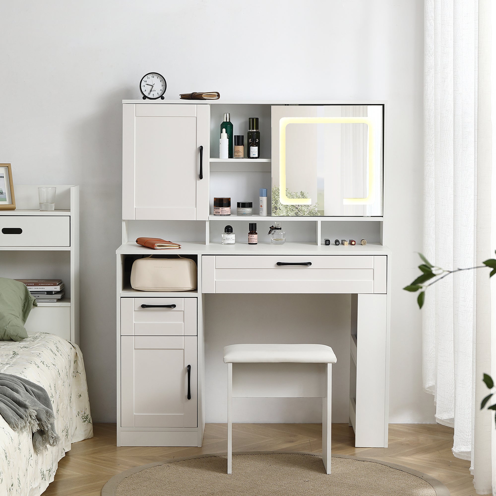 Vanity table with large sliding lighted mirror, dressing table with 2 drawers, white