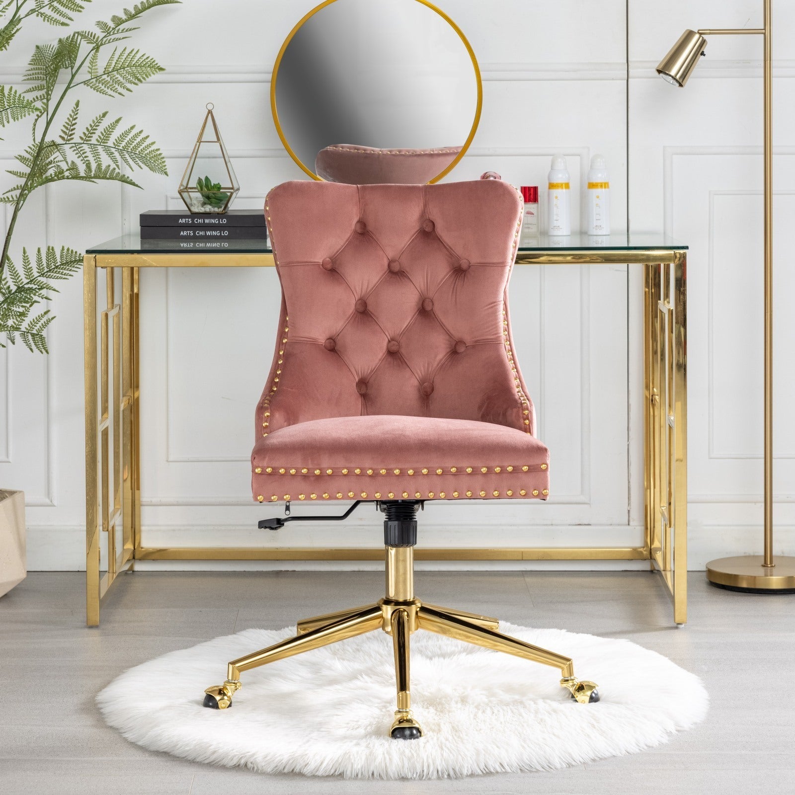 Velvet Upholstered Tufted Chair with Golden Metal Adjustable Swivel Base-Pink