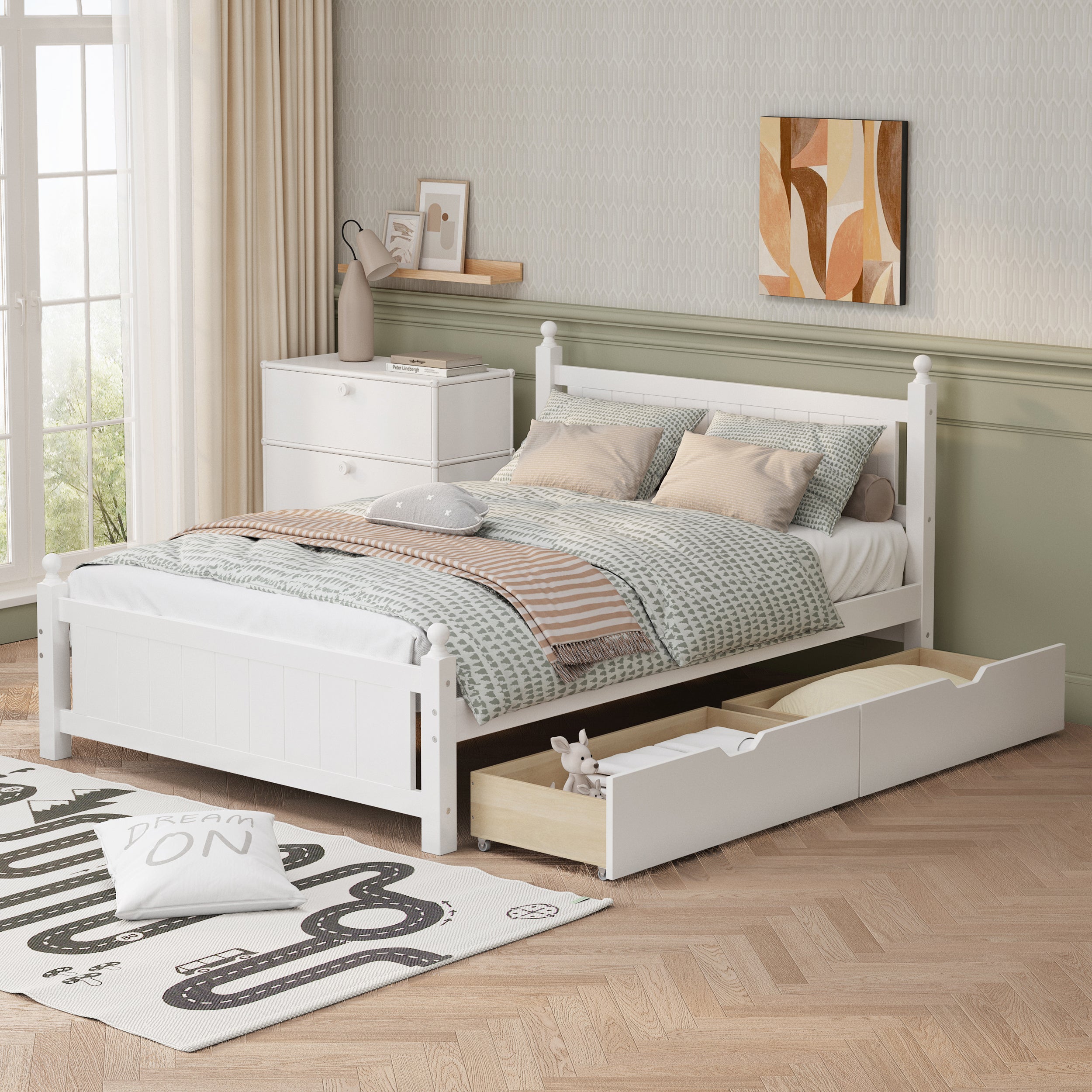 Full Size Solid Wood Platform Bed Frame with 2 drawers , White