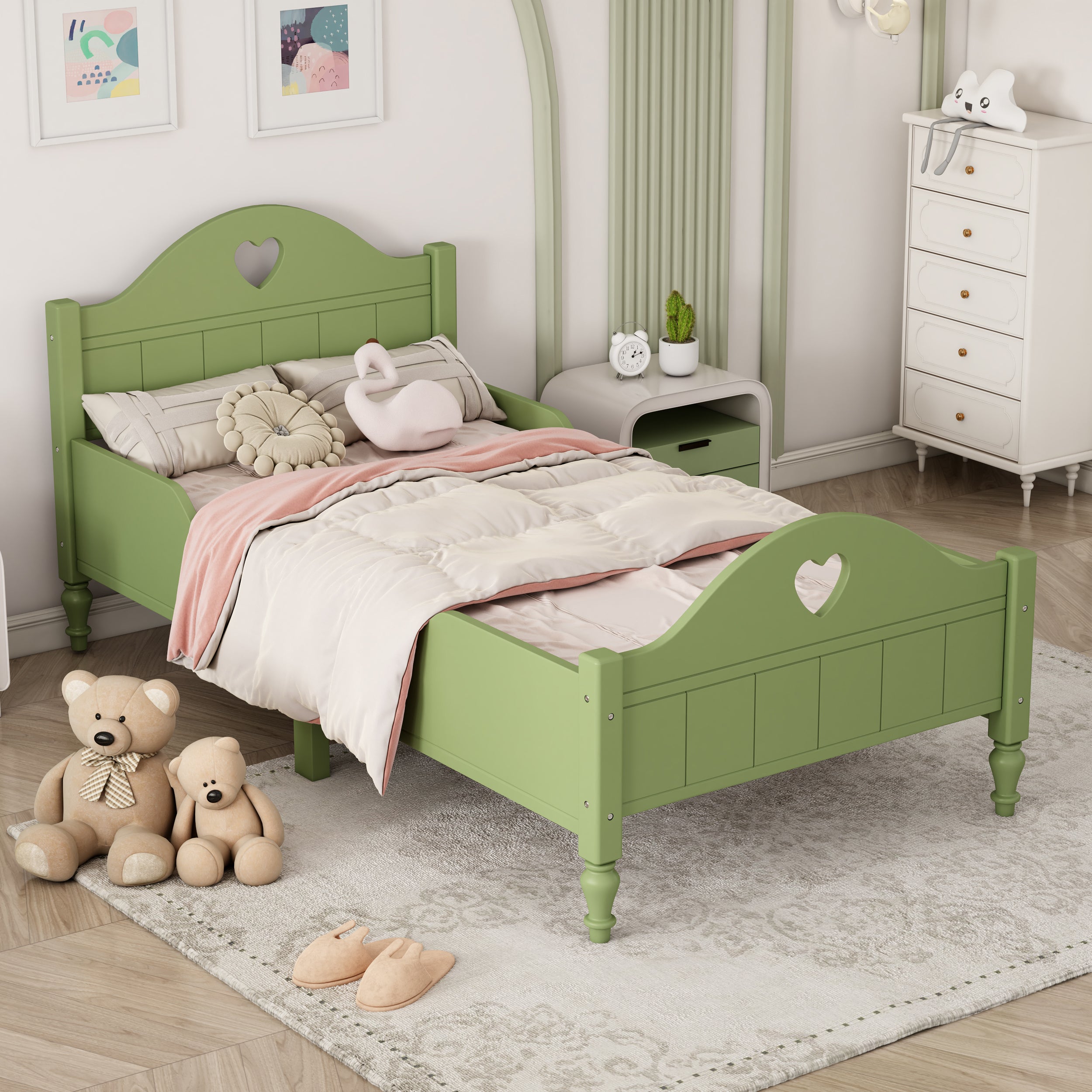 Girl's Love Princess Bed Macaron Twin Size Toddler Bed with Side Safety Rails , Olive Green