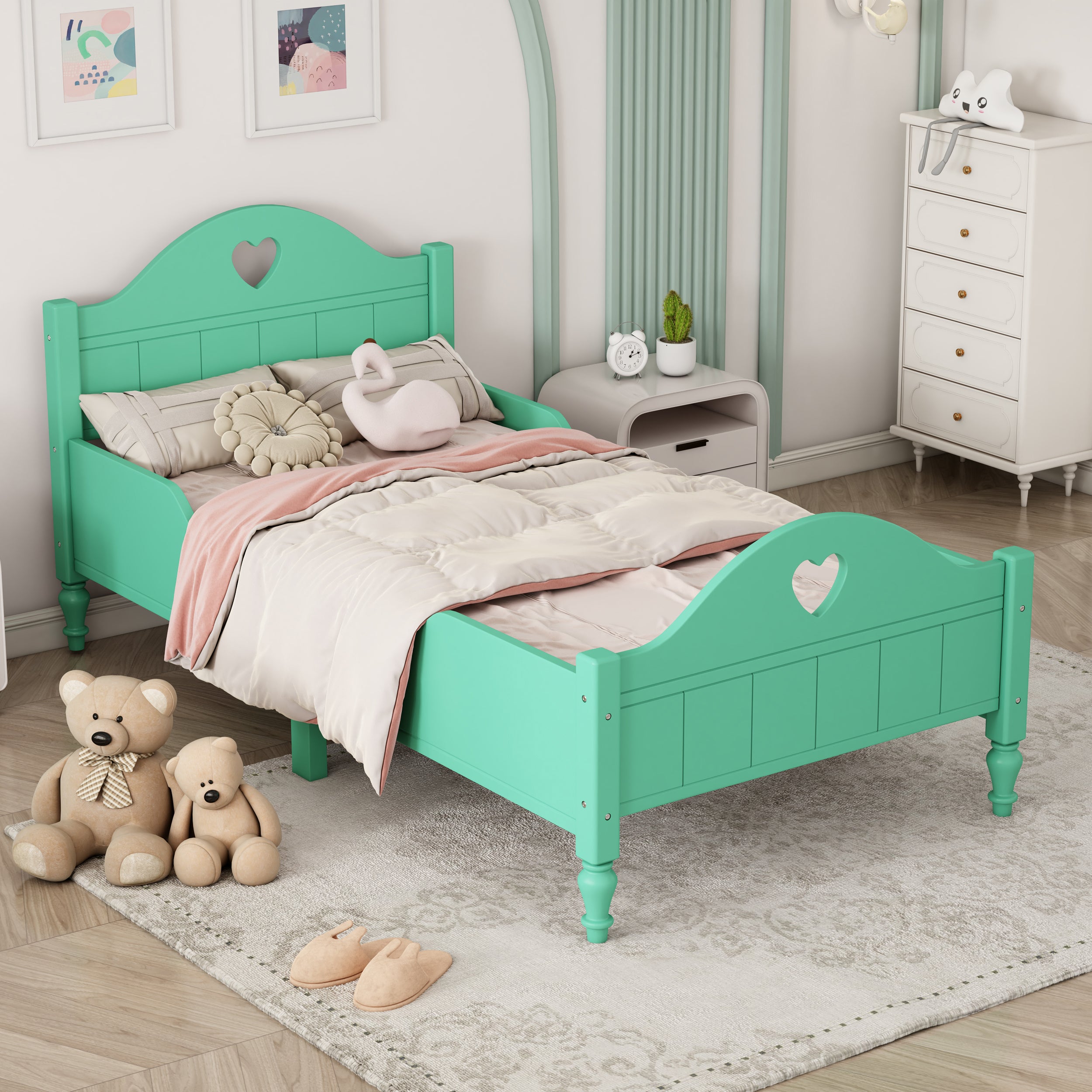 Girl's Love Princess Bed Macaron Twin Size Toddler Bed with Side Safety Rails , Sea soft Green