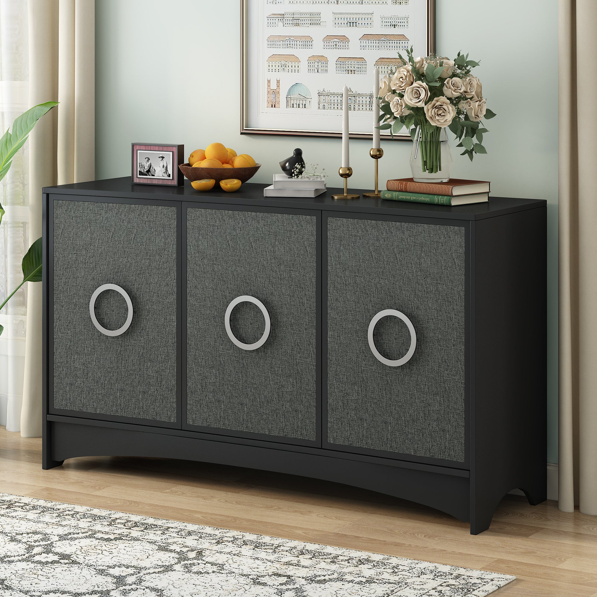 U_Style Curved Design Storage Cabinet with Three Doors and Adjustable shelves