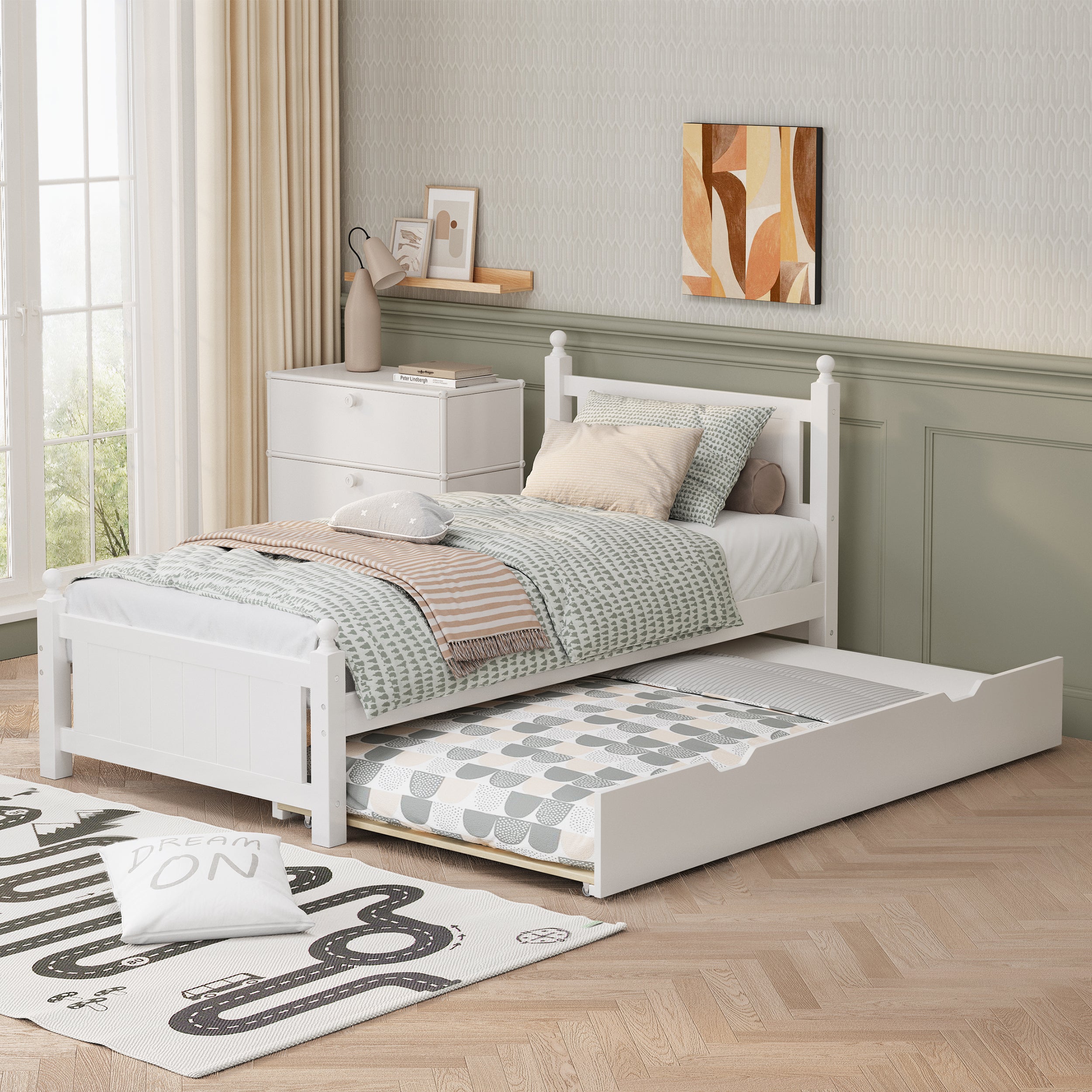 Twin Size Solid Wood Platform Bed Frame with trundle , White