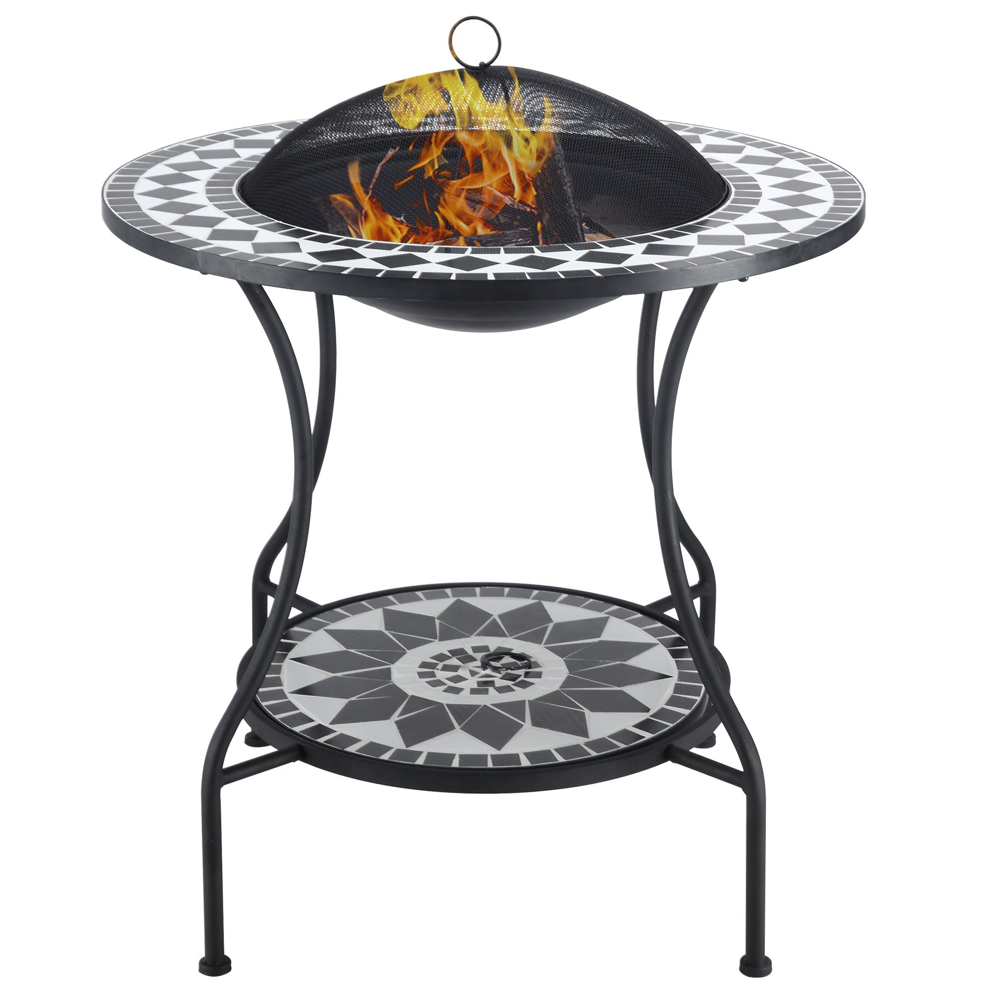 30 Outdoor Fire Pit Dining Table, 3-in-1 Round Wood Burning Fire Pit Bowl, Patio Ice Bucket with Storage Shelf, Spark Screen Cover