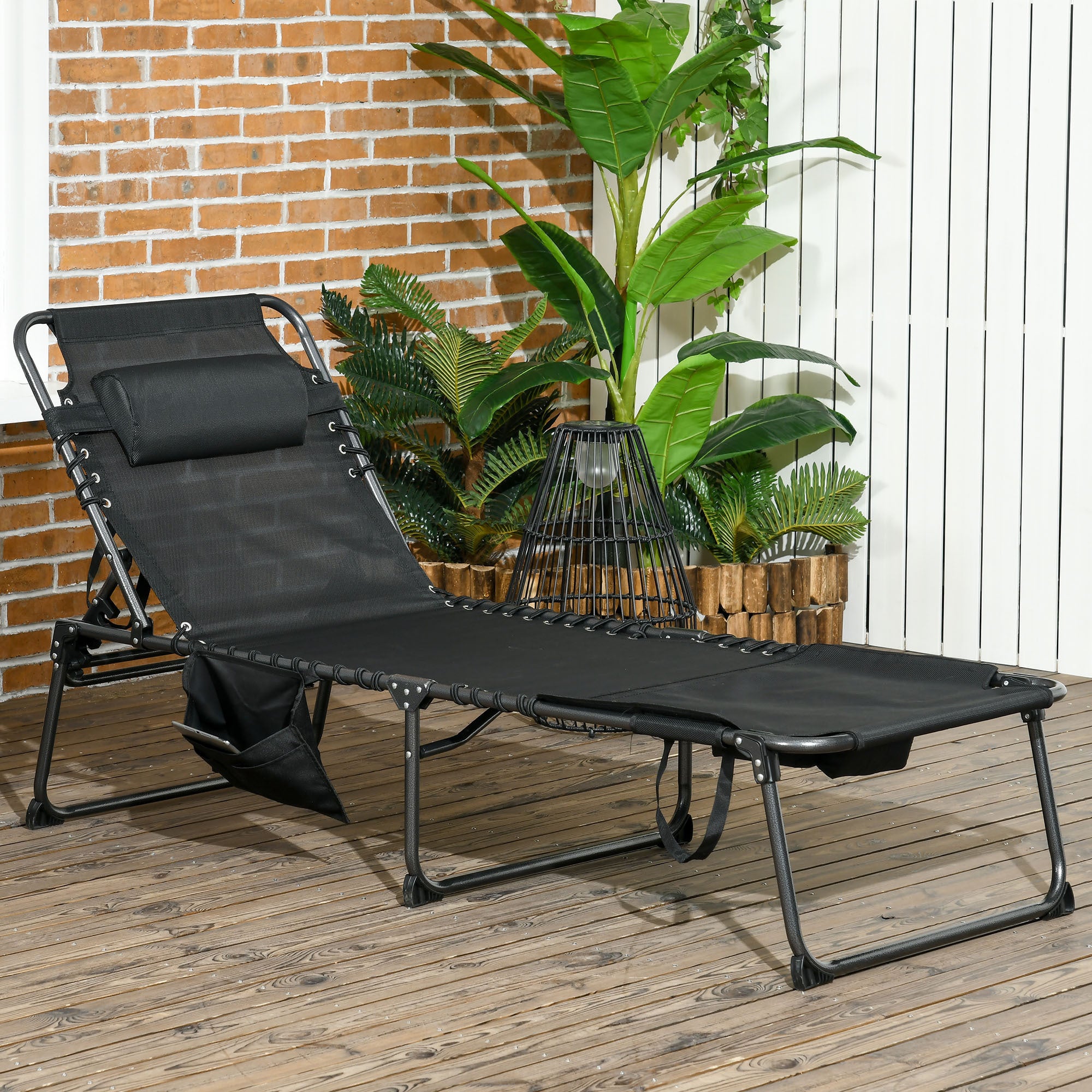 Folding Chaise Lounge with 5-level Reclining Back, Reading Face Hole, Outdoor Lounge Chair with Side Pocket & Headrest  Black