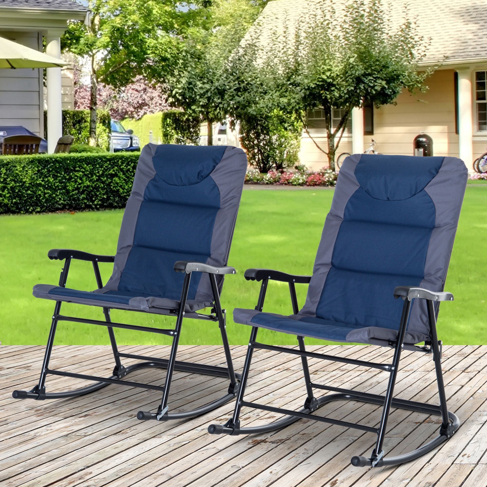 2 Piece Outdoor Rocking Chair Set, Patio Furniture Set with Folding Design, Armrests for Porch, Camping, Balcony, Navy Blue