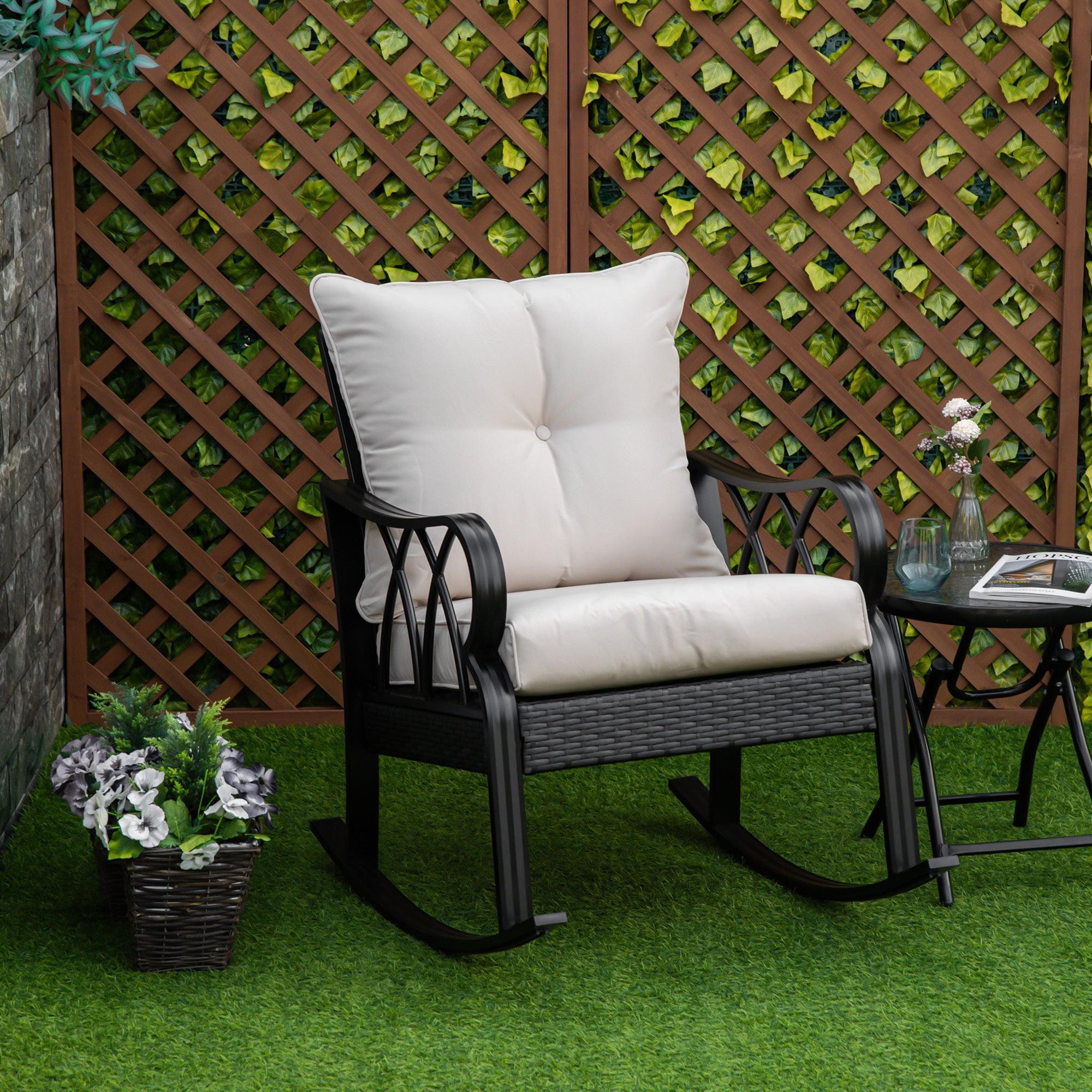 Outsunny Outdoor Wicker Rocking Chair with Padded Cushions, Aluminum Furniture Rattan Porch Rocker Chair w/ Armrest