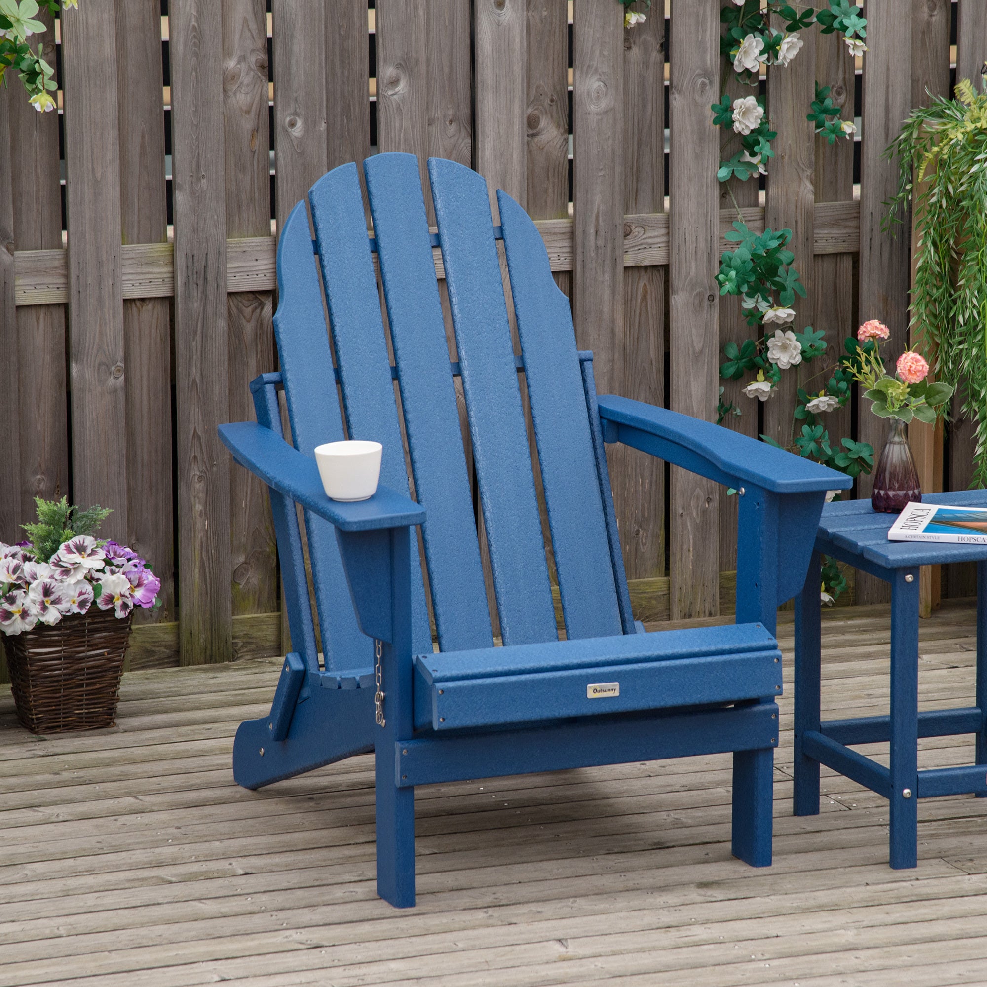 Folding Adirondack Chair, Faux Wood  Chair, Weather Resistant HDPE , Blue