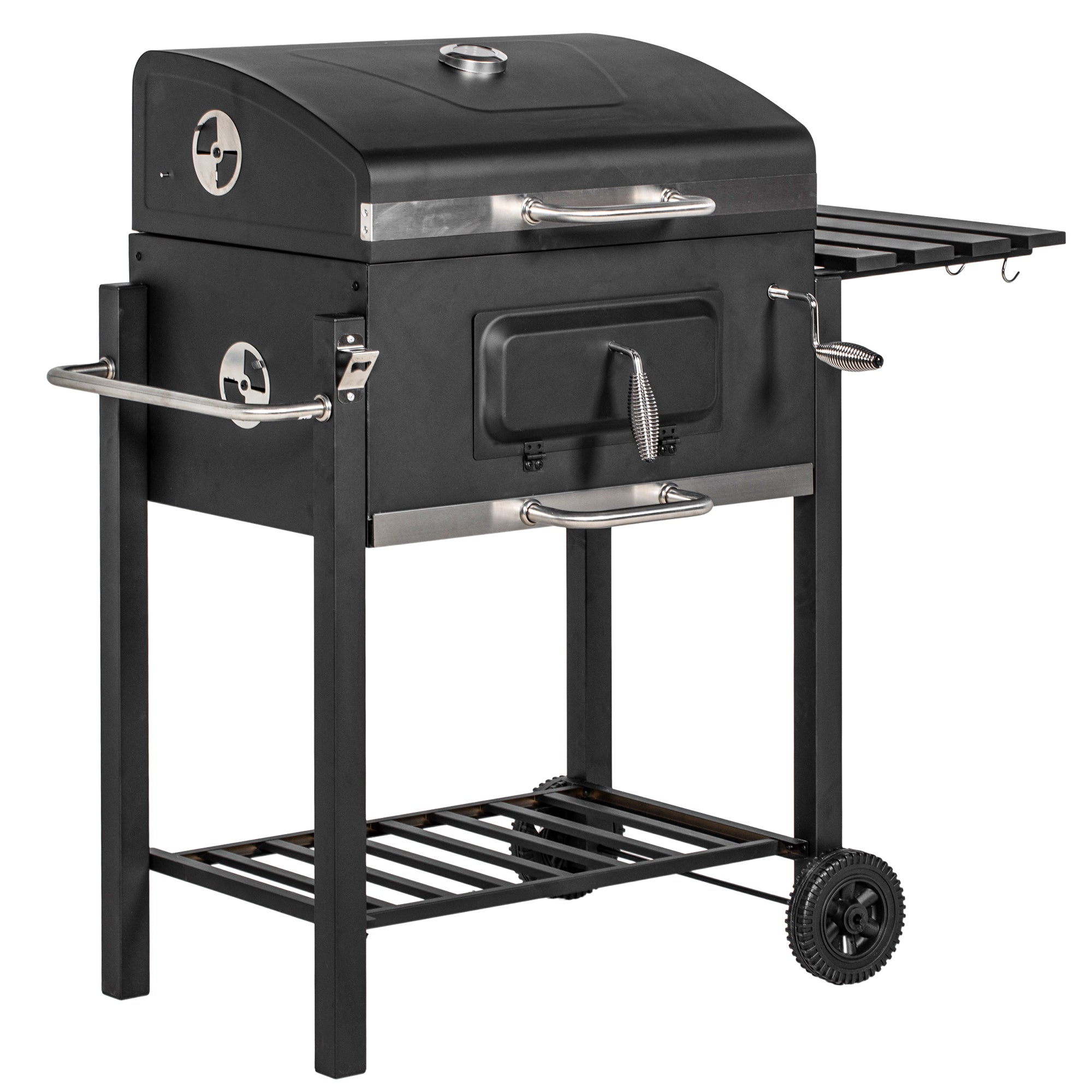 Charcoal BBQ Grill, Outdoor Portable Cooker with Side Table, Bottom Storage Shelf, Wheels and Handle, Black