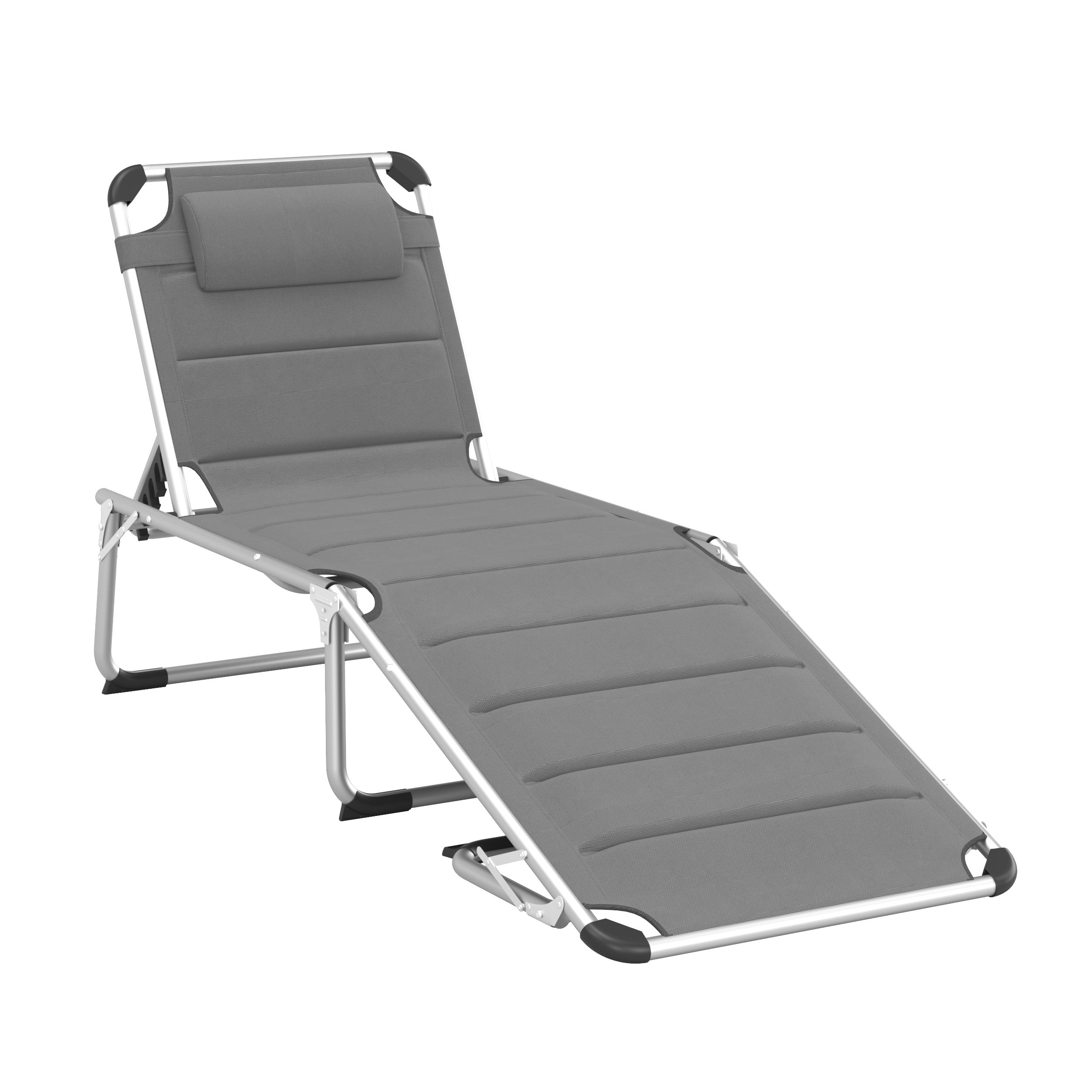 Foldable Outdoor Chaise Lounge , 5-Level Reclining Chair with Aluminum Frame, Padding, and Headrest Gray